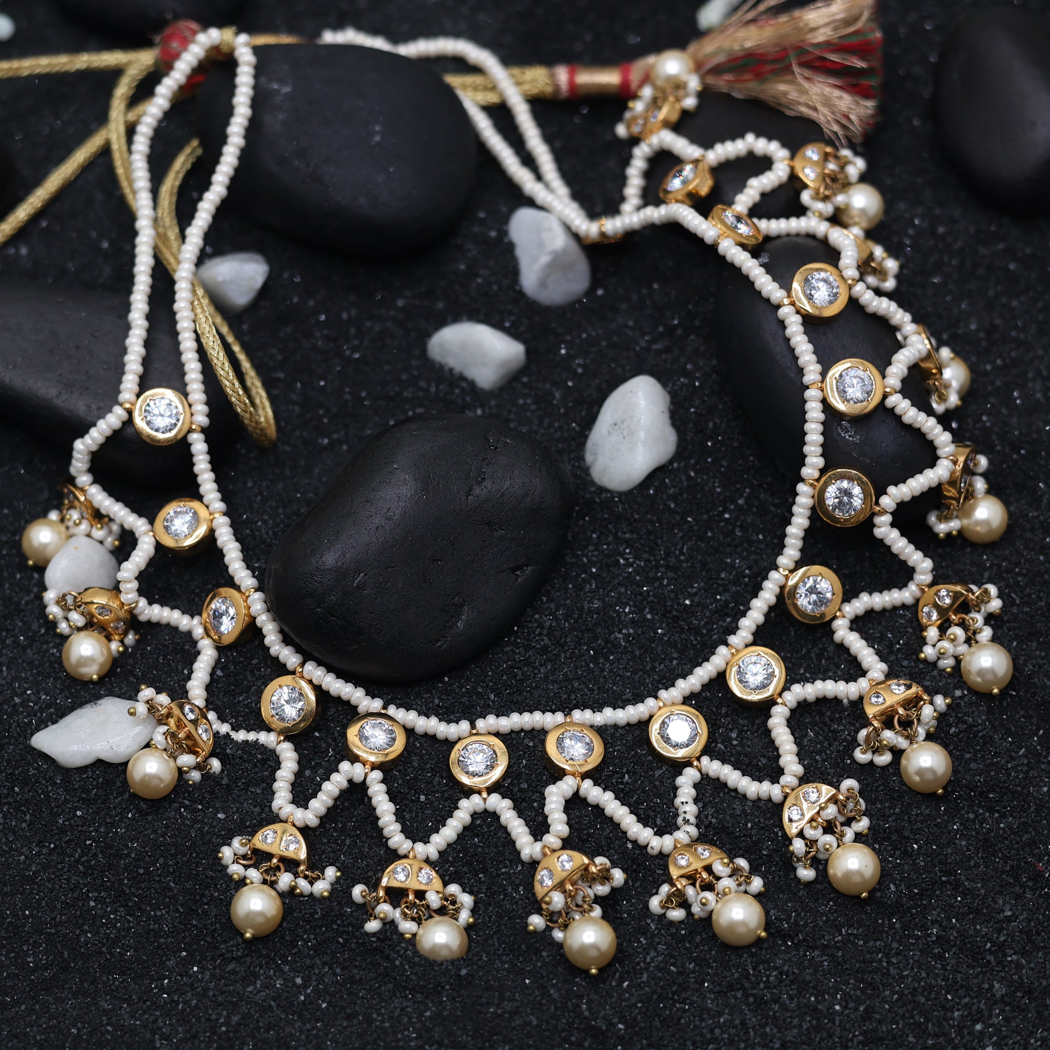 Elegant Faux Pearl Yellow Gold Traditional Chokar Necklace For Woman