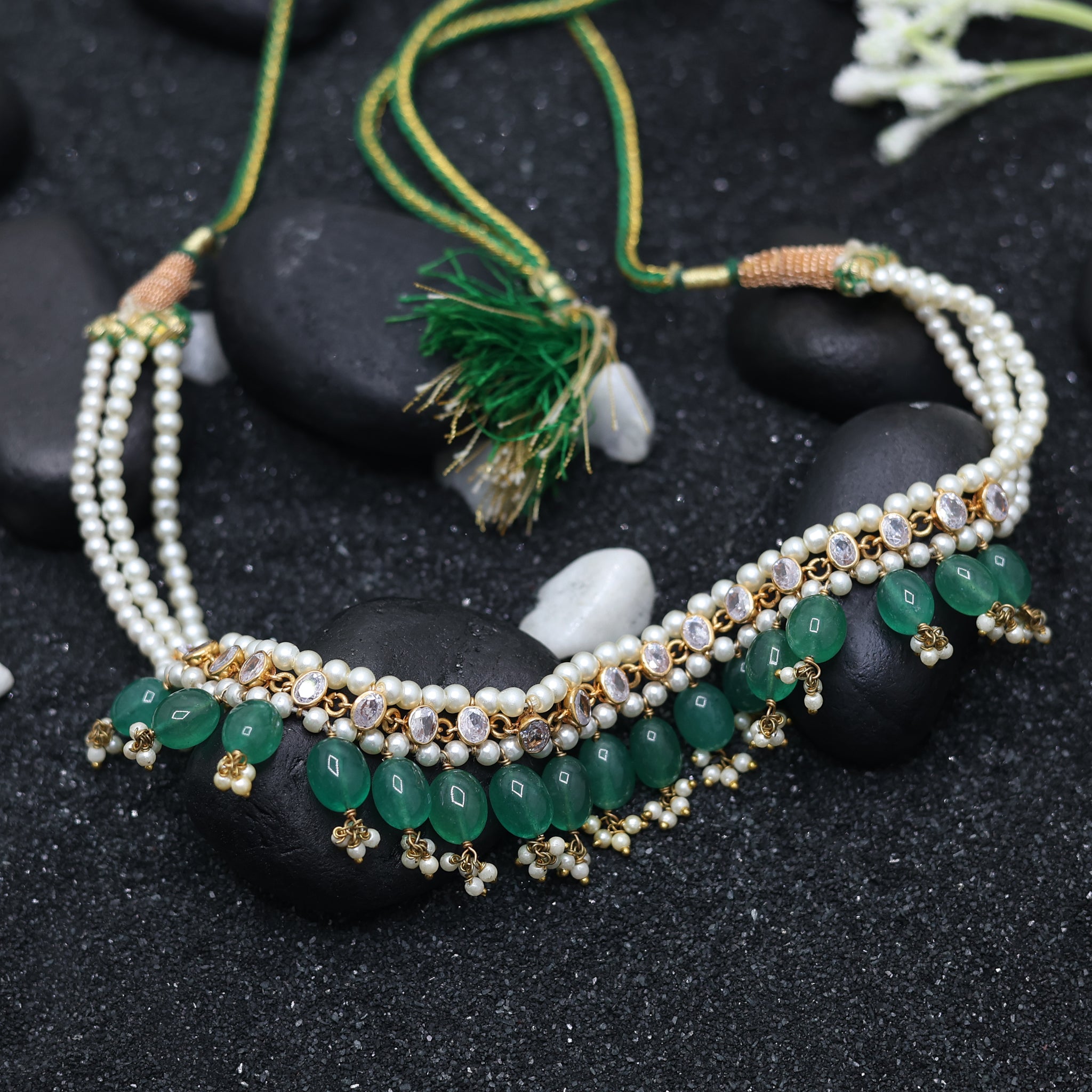 Dual Strand Pearls Yellow Gold Green Beads Ethnic Chokar Necklace For Woman