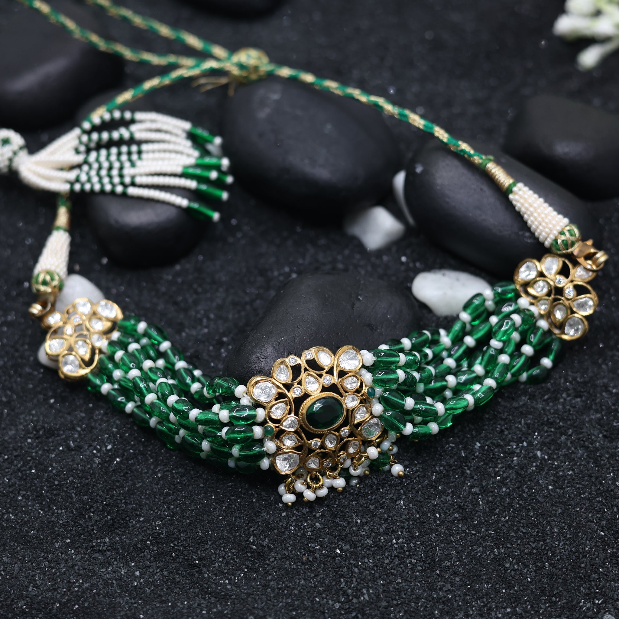 Yellow Gold Plated Multi-Strand Green Bead Necklace For Women