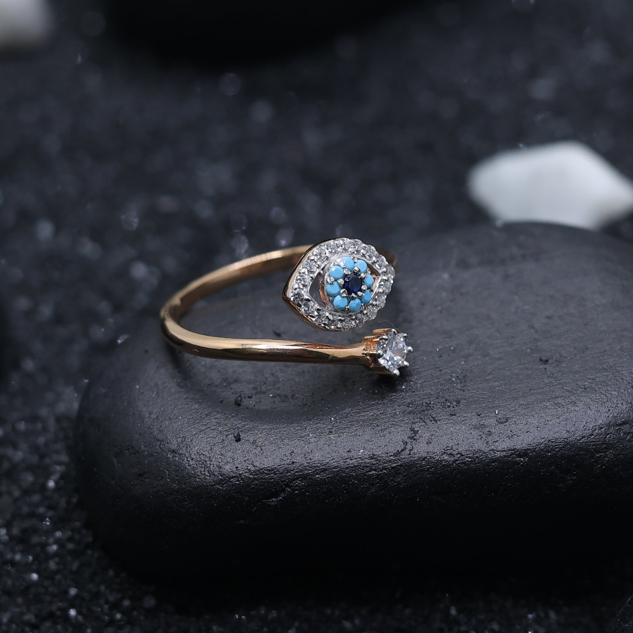 Silver Blue Sapphire Accent Open Style Evil Eye Yellow Gold Ring For Woman