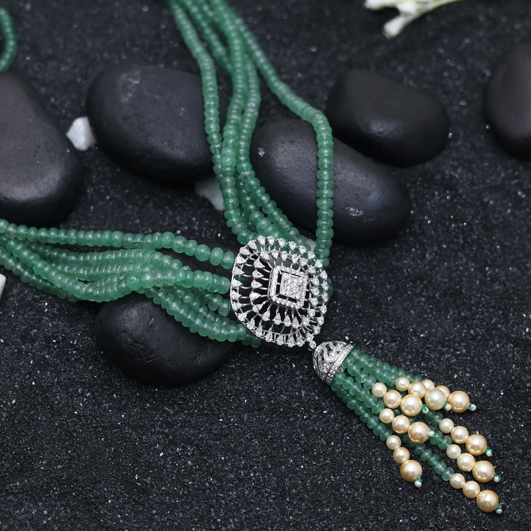 Antique Plated Multi-Layered Green Bead Pearl Necklace For Women