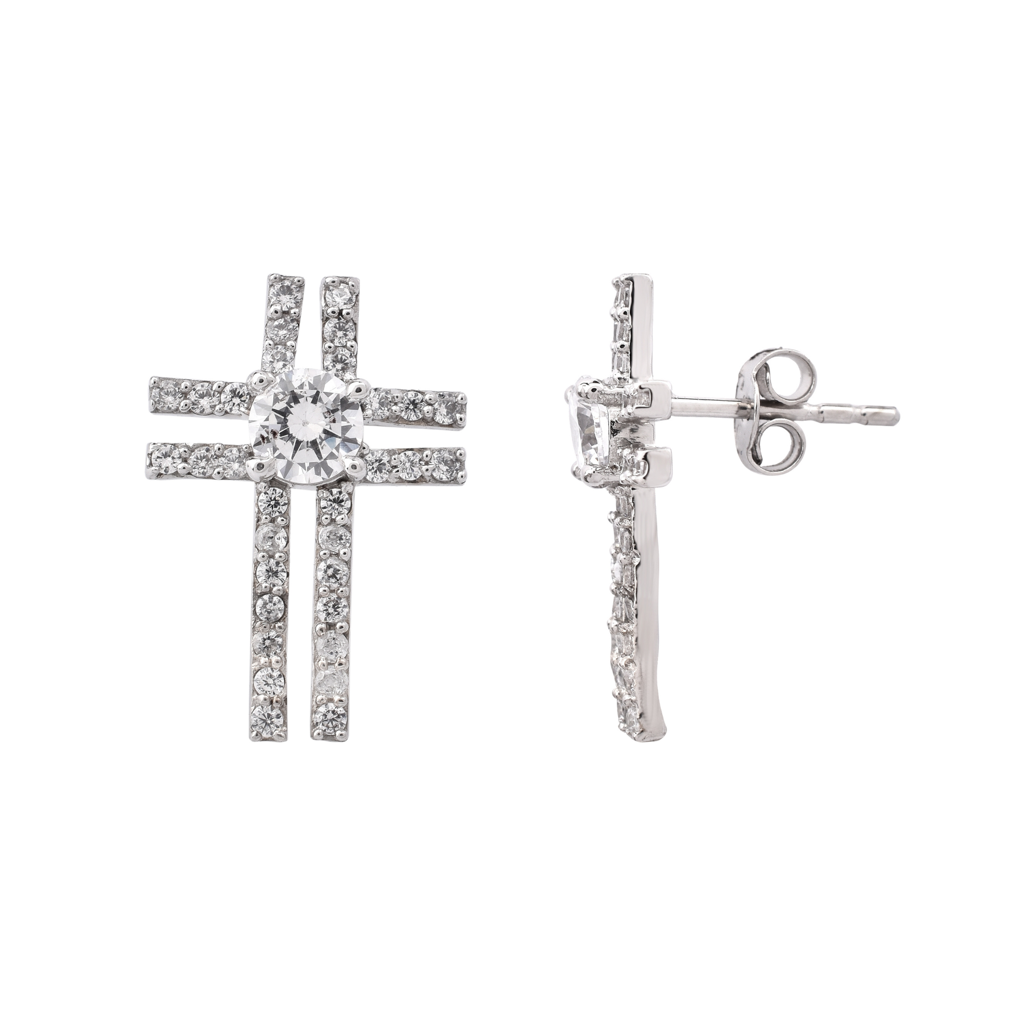 Silver Studded Cross  Stud Earrings