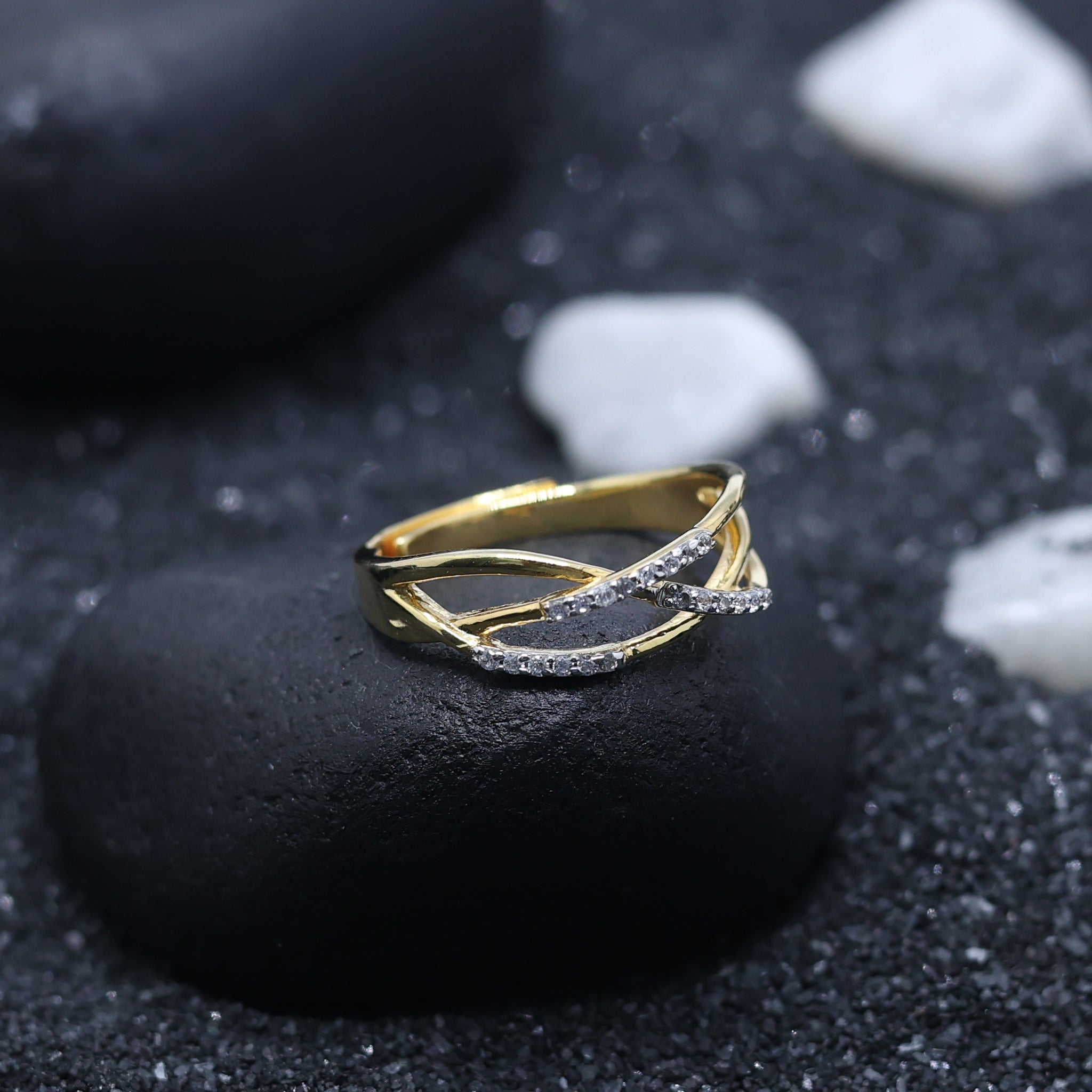 Adjustable Sterling Silver Unique Yellow Gold Intertwined Diamond Ring For Women