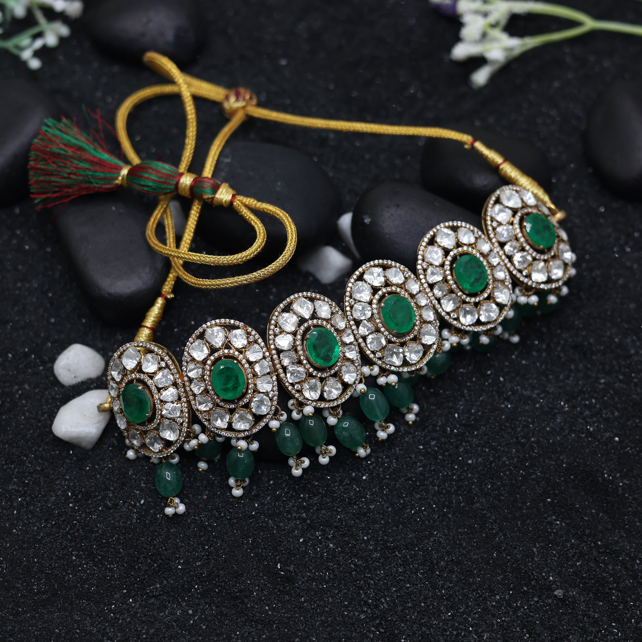 Yellow Gold Plated Green Stone Kundan Elegant Necklace For Women