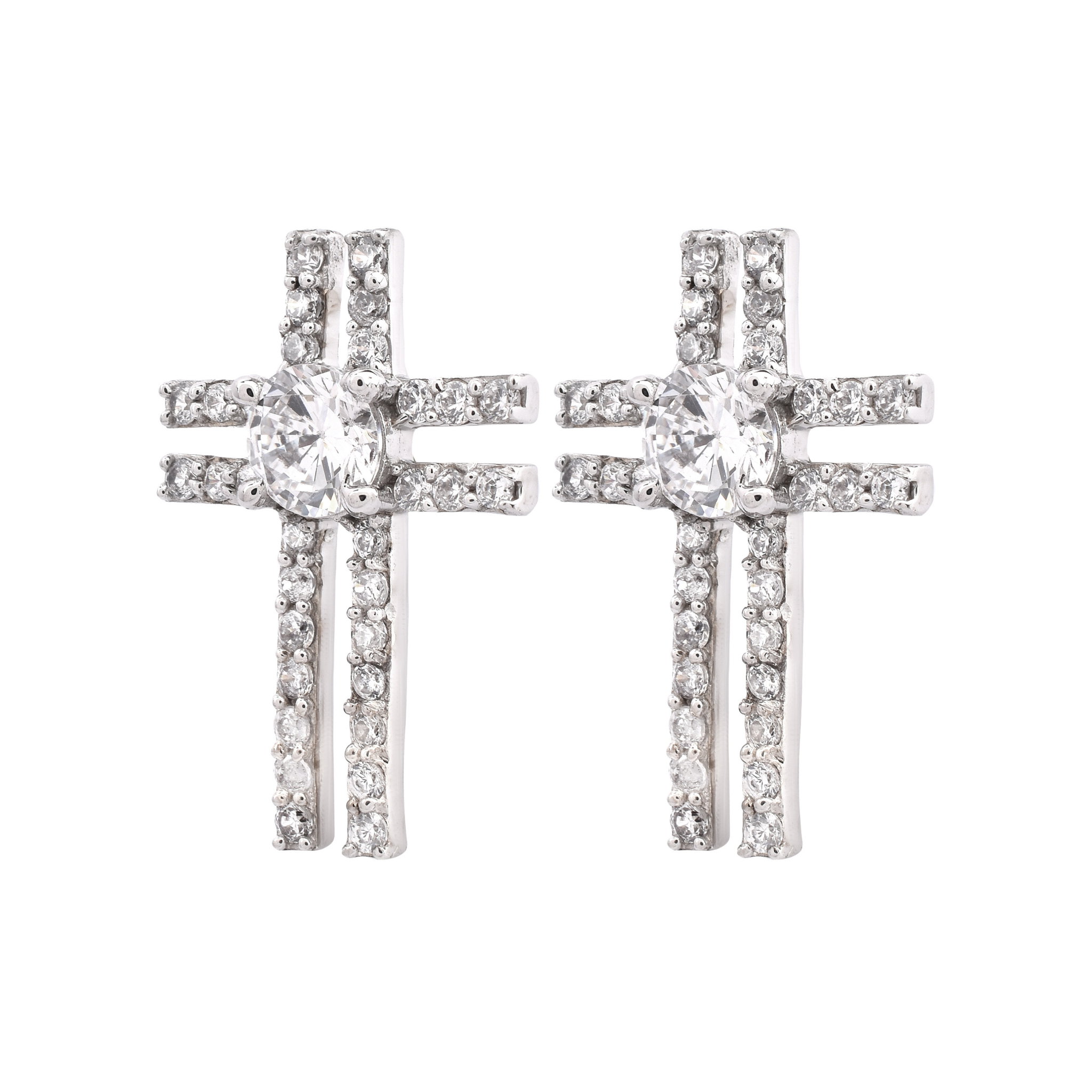 Silver Studded Cross  Stud Earrings