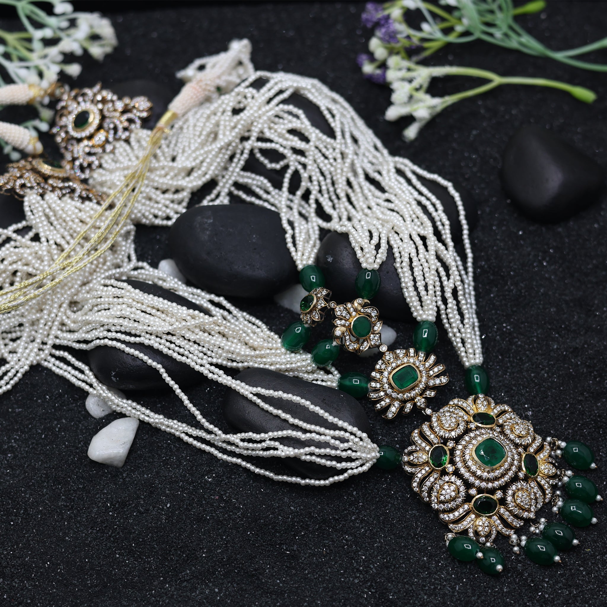 Antique Plated Green Stone Layered Necklace For Women