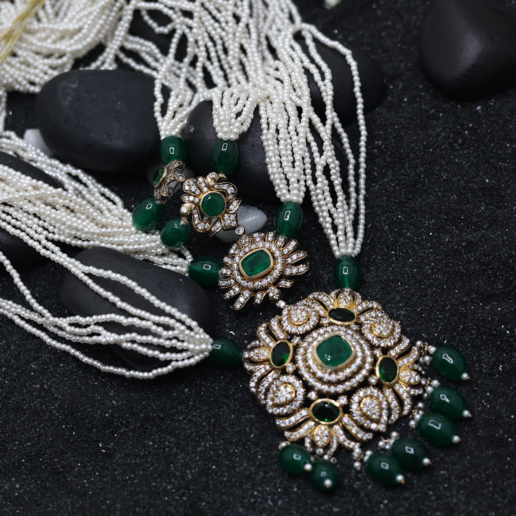 Antique Plated Green Stone Layered Necklace For Women