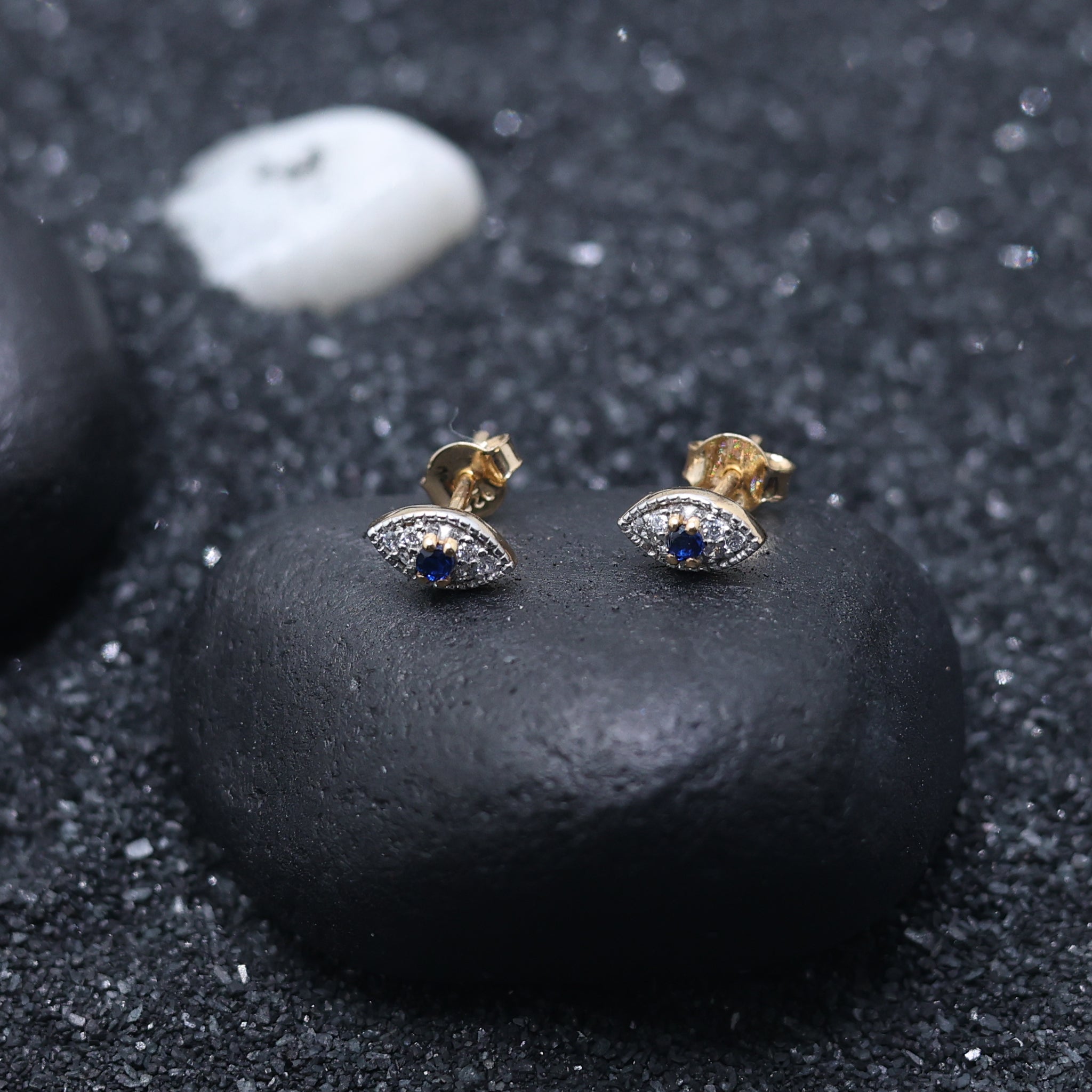 Silver Bezel-Set Blue Stone Evil Eye Stud Minimal Yellow Gold Earring For Woman