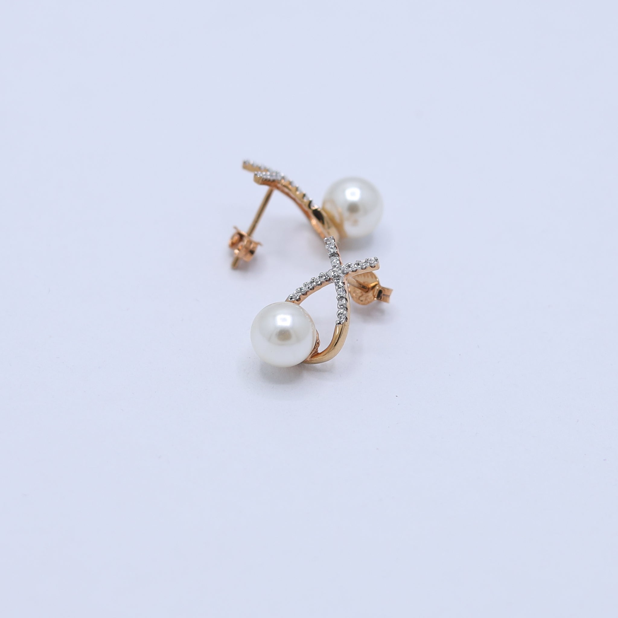 Silver Pearl Stud crossed Yellow Gold Earring For Woman