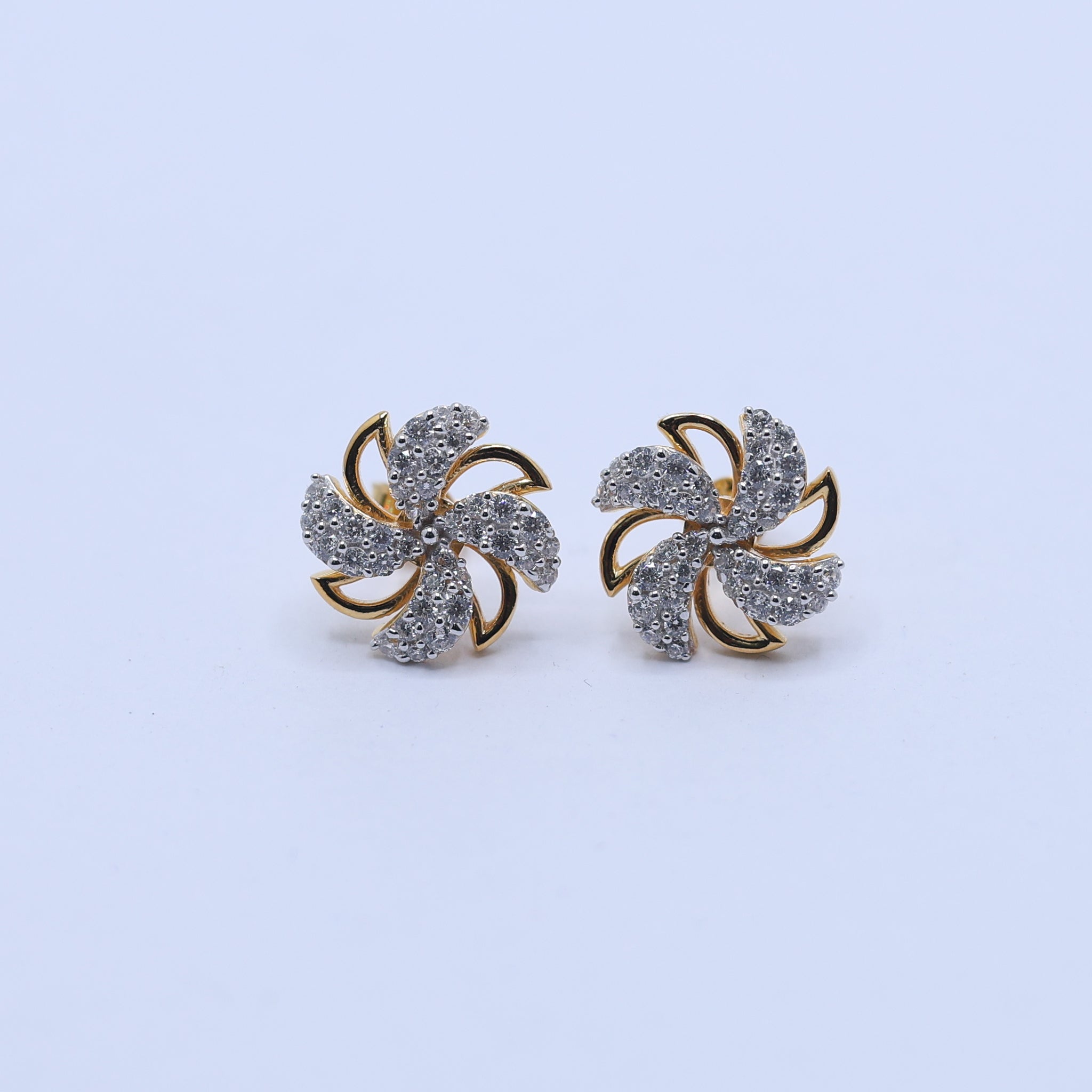 Silver Swirl Studded Pinwheel Floral Petite Stud Yellow Gold Earring For Woman