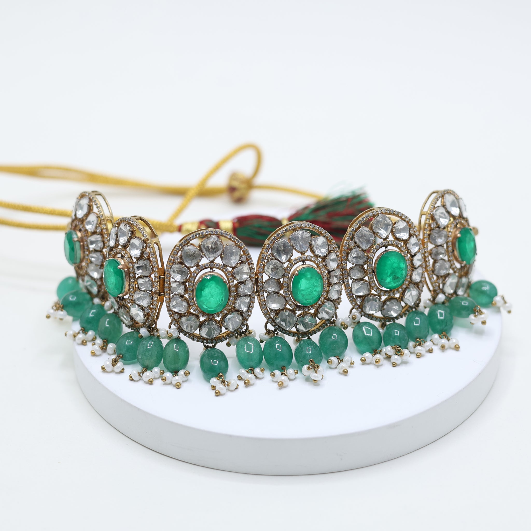 Yellow Gold Plated Green Stone Kundan Elegant Necklace For Women