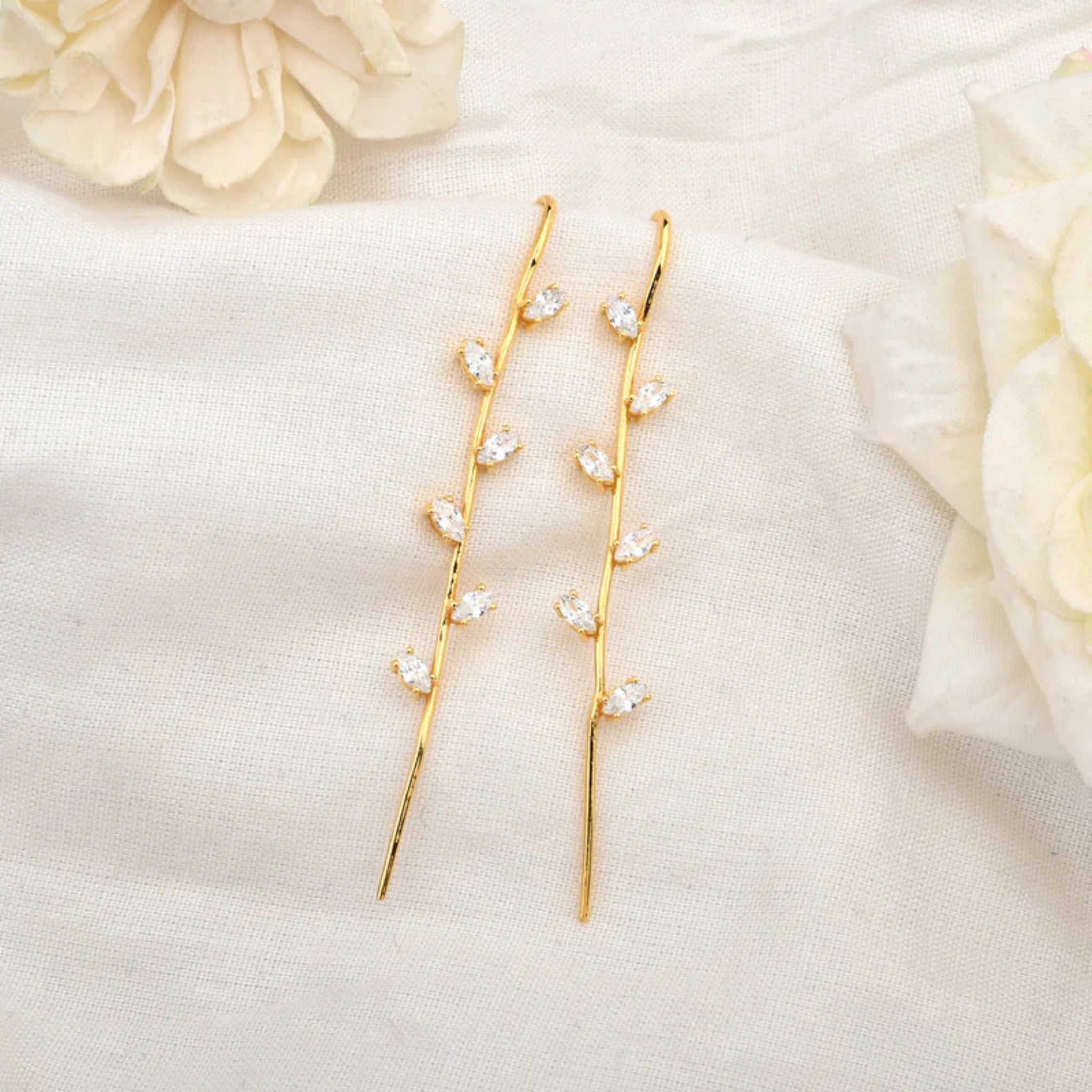 Silver Marquise Dangling Crystal Long Linear Vine Yellow Gold Drop Earrings For Woman