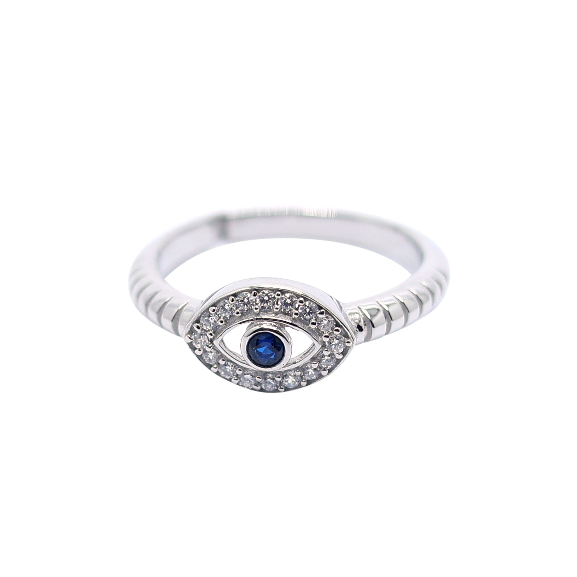 Silver Small Blue Sapphire Center Stone Adjustable Textured Ridged Band Evil Eye White Gold Ring For Woman