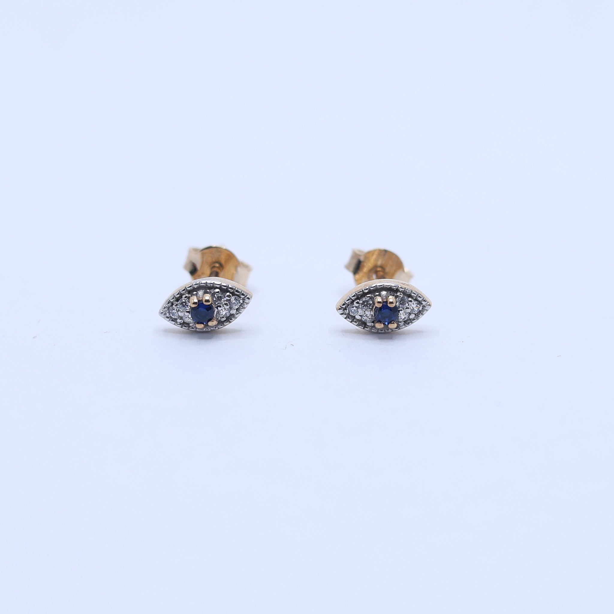 Silver Bezel-Set Blue Stone Evil Eye Stud Minimal Yellow Gold Earring For Woman