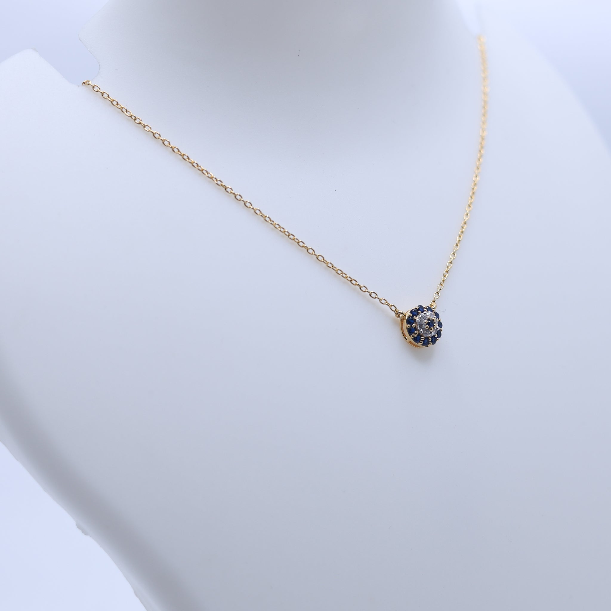 Circular Evil Eye Yellow Gold Silver Blue Sapphire Halo Pendant For Women