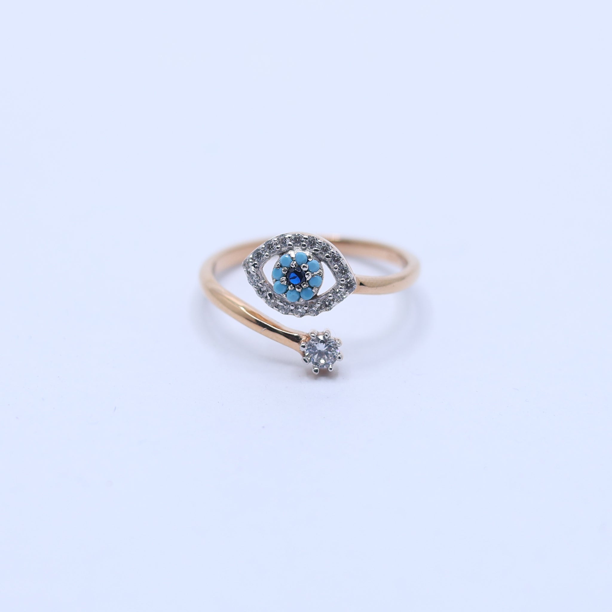 Silver Blue Sapphire Accent Open Style Evil Eye Yellow Gold Ring For Woman