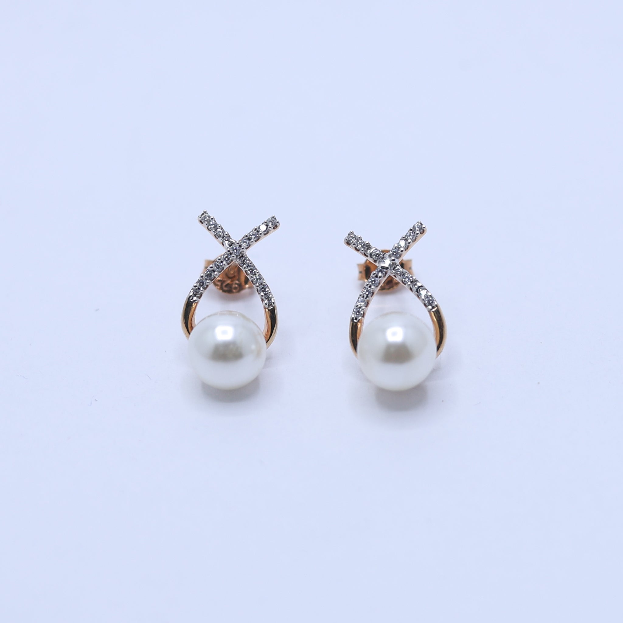 Silver Pearl Stud crossed Yellow Gold Earring For Woman