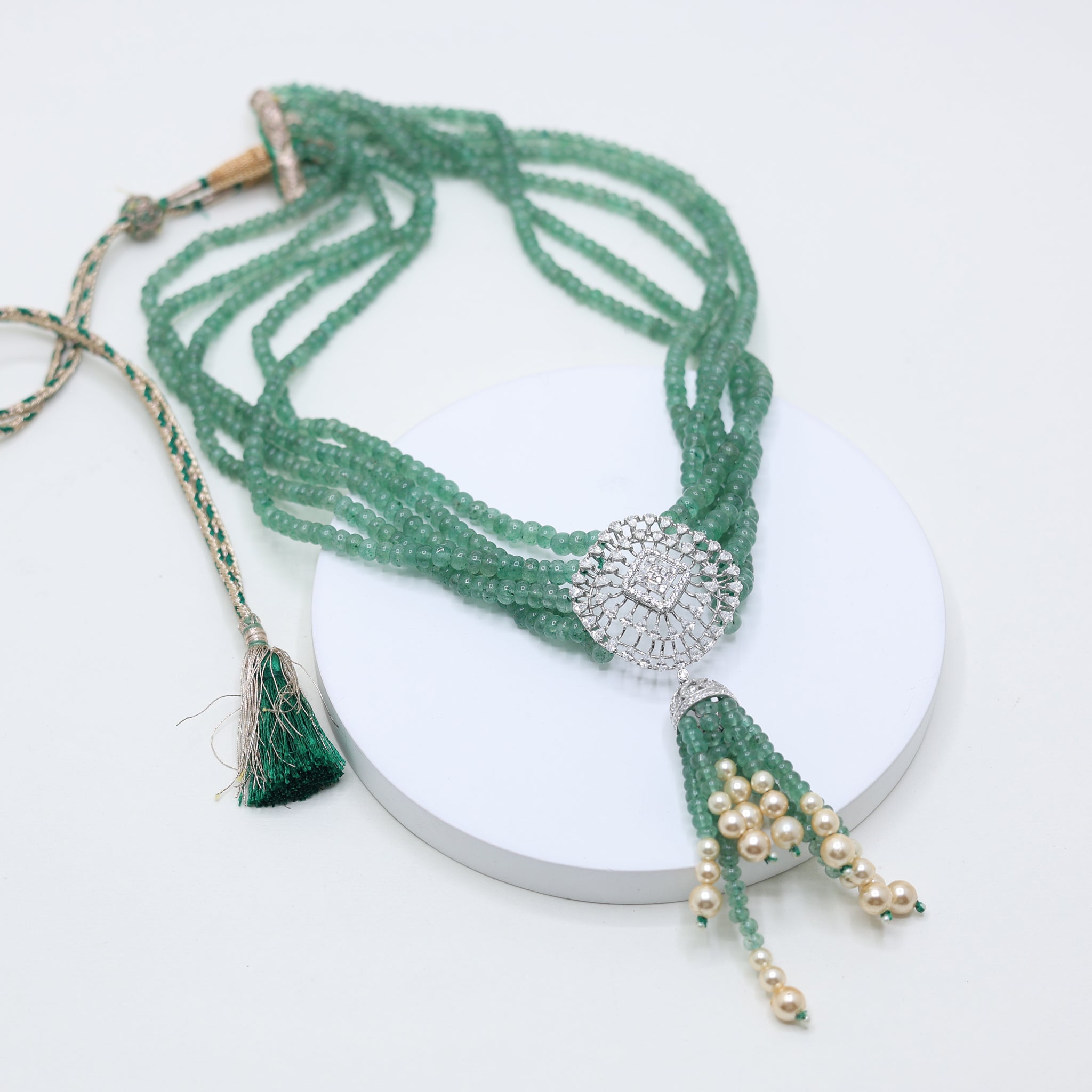 Antique Plated Multi-Layered Green Bead Pearl Necklace For Women