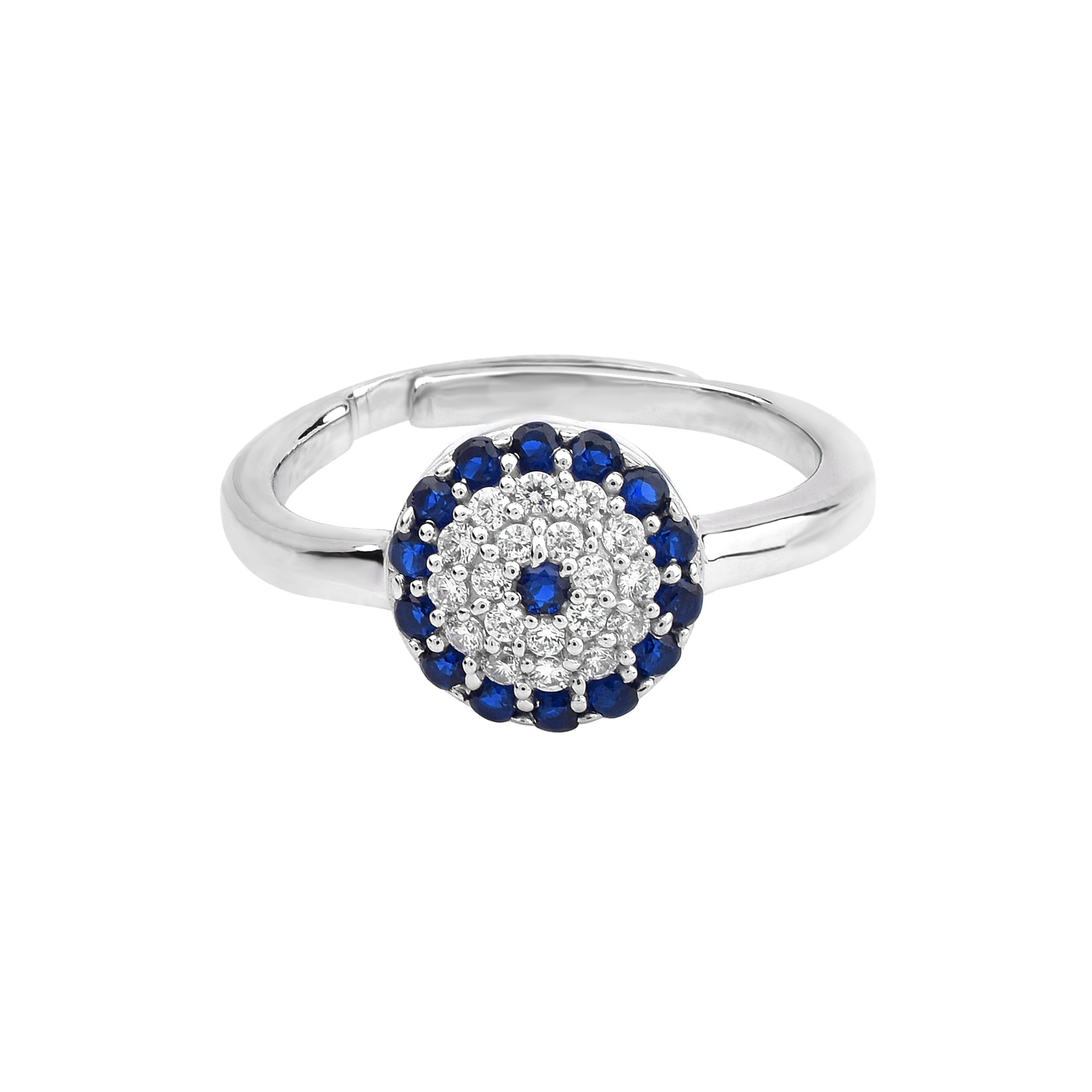 Silver Blue Sapphire Accent Adjustable Evil Eye Micro Pave Circular White Gold Ring For Woman