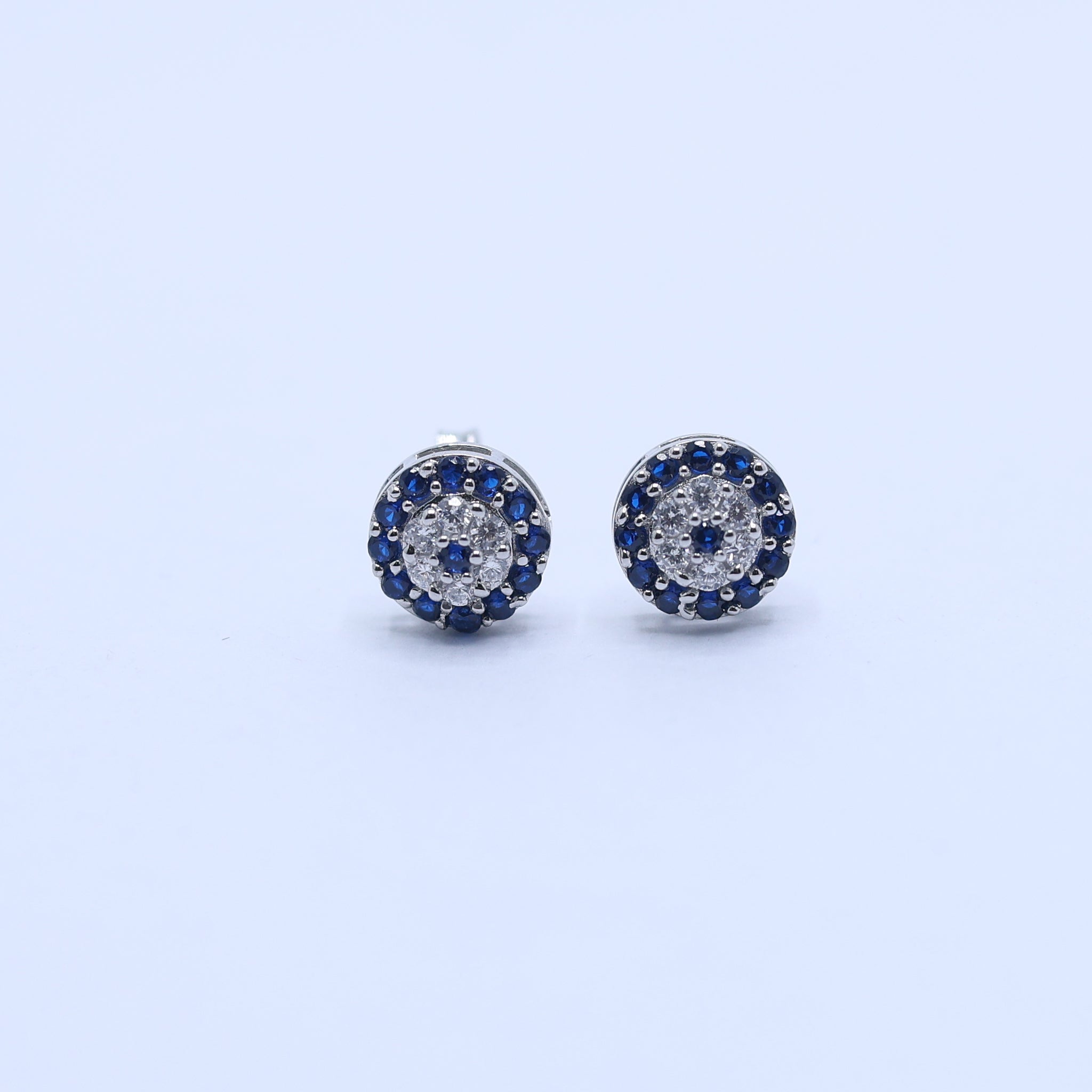 Silver Circular Blue Clear Round Petite Pave Evil Eye White Gold Earring For Woman