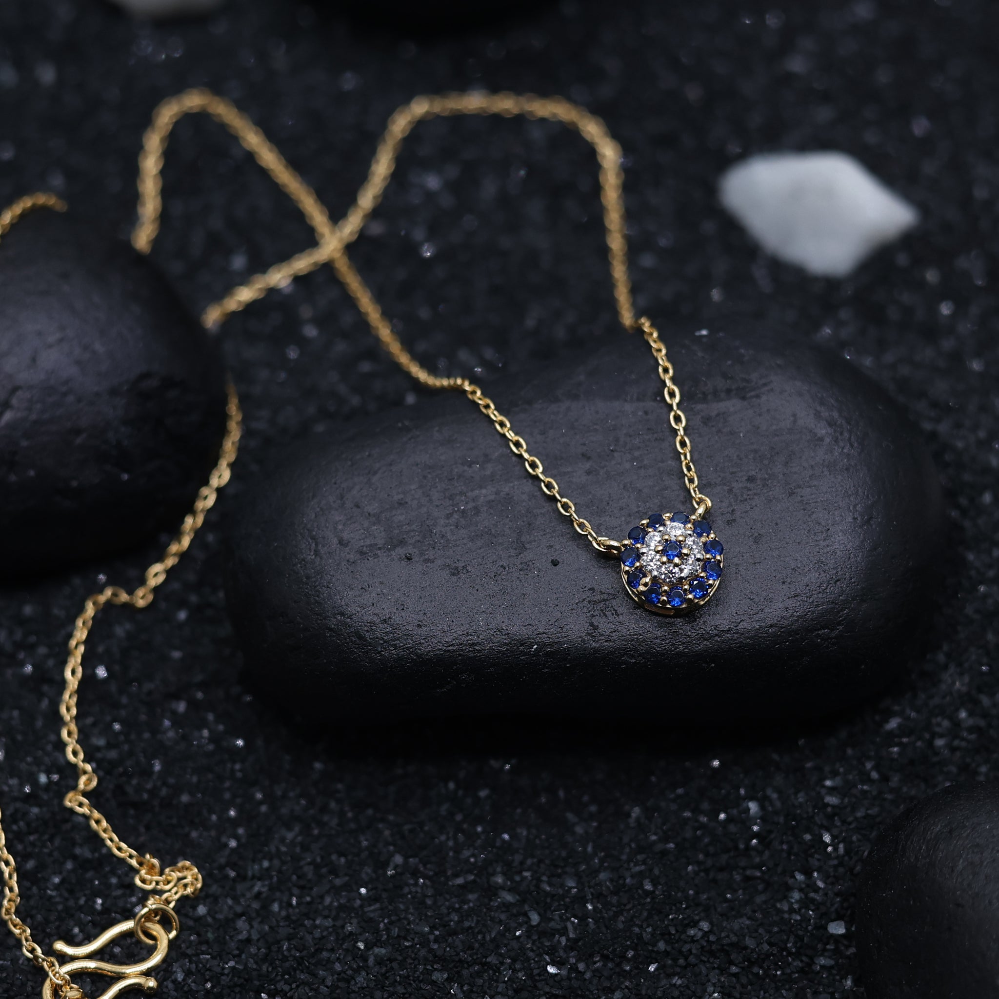 Circular Evil Eye Yellow Gold Silver Blue Sapphire Halo Pendant For Women