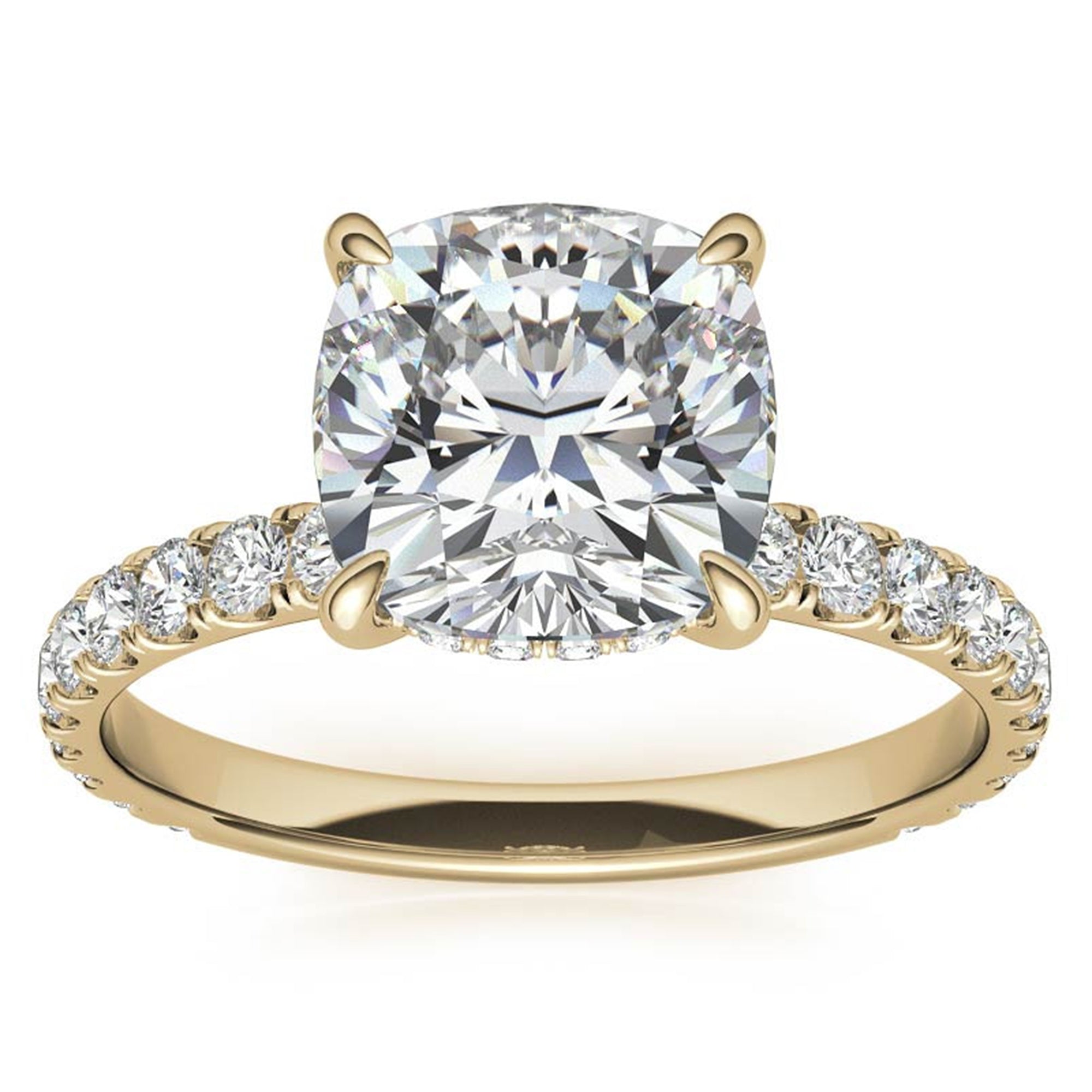 Adjustable Sterling Silver Elegant Yellow Gold Cushion-Cut Diamond Engagement Ring with Pavé Band For Women