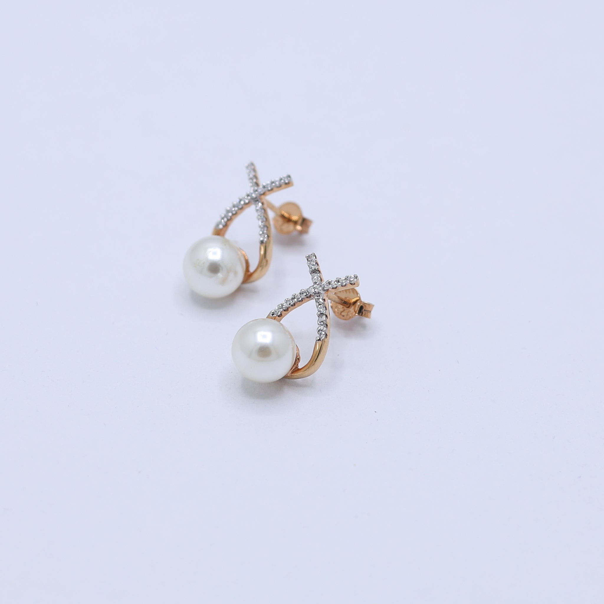 Silver Pearl Stud crossed Yellow Gold Earring For Woman