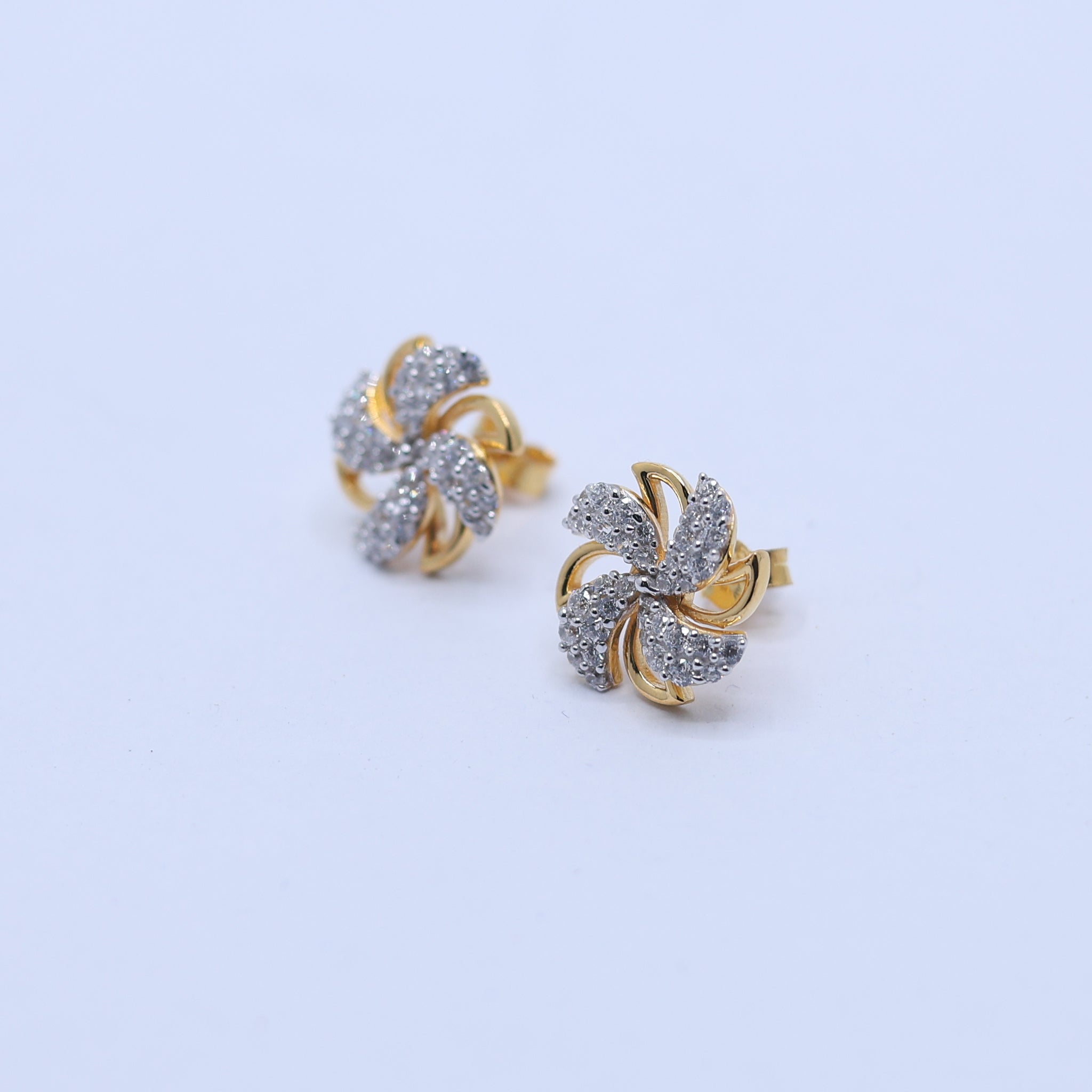 Silver Swirl Studded Pinwheel Floral Petite Stud Yellow Gold Earring For Woman