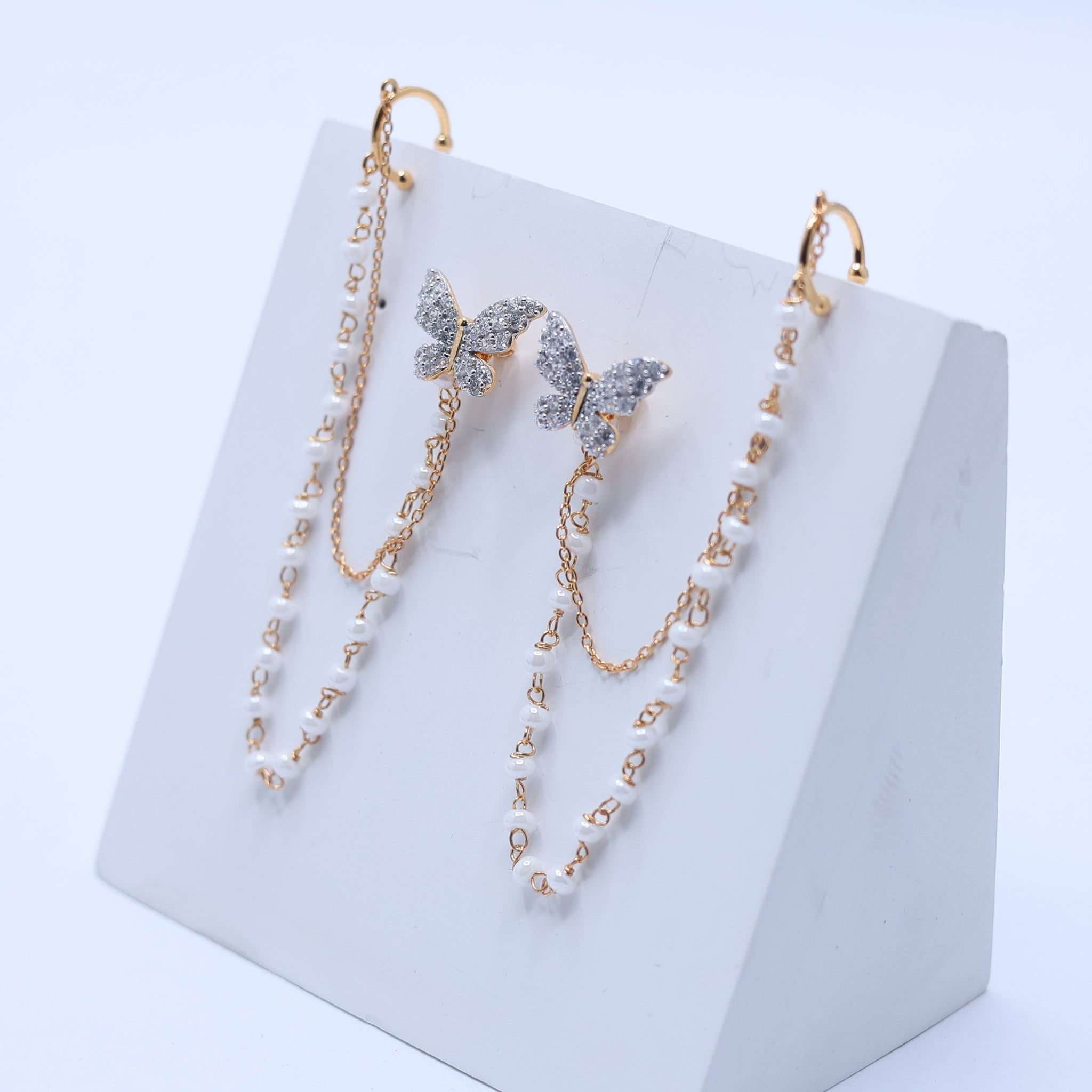 Silver Pearl Accent Crystal Butterfly Chain Yellow Gold Cuff Earrings For Woman