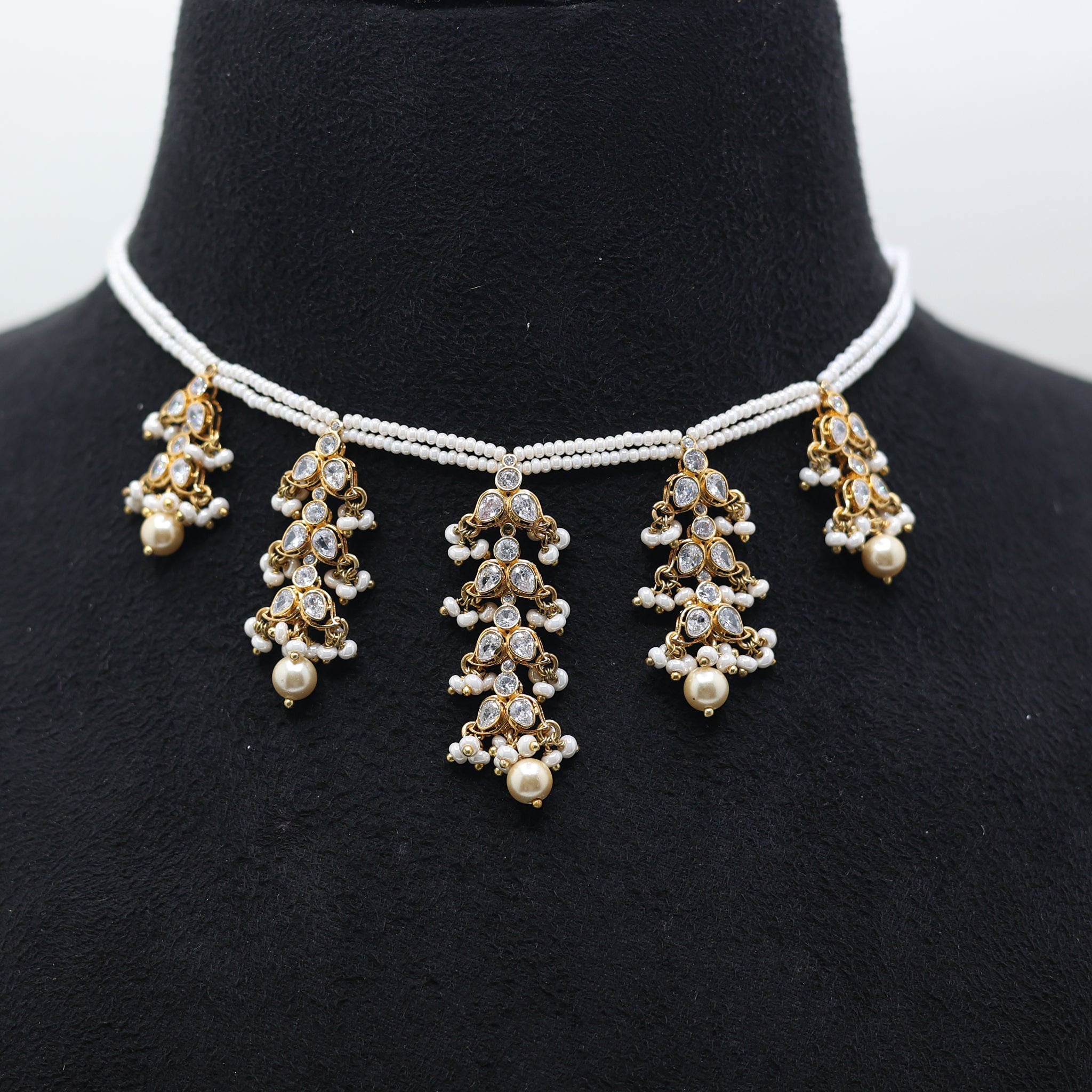 Exquisite Hanging Cluster Pearl Yellow Gold Kundan Polki Necklace For Woman