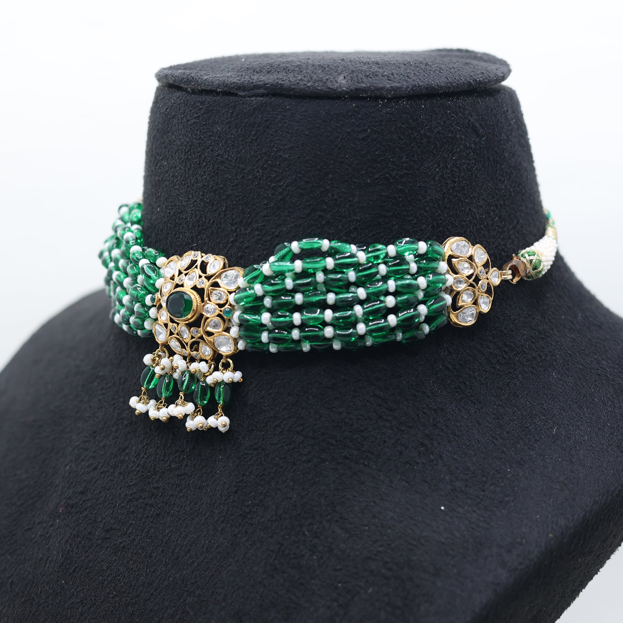 Yellow Gold Plated Multi-Strand Green Bead Necklace For Women