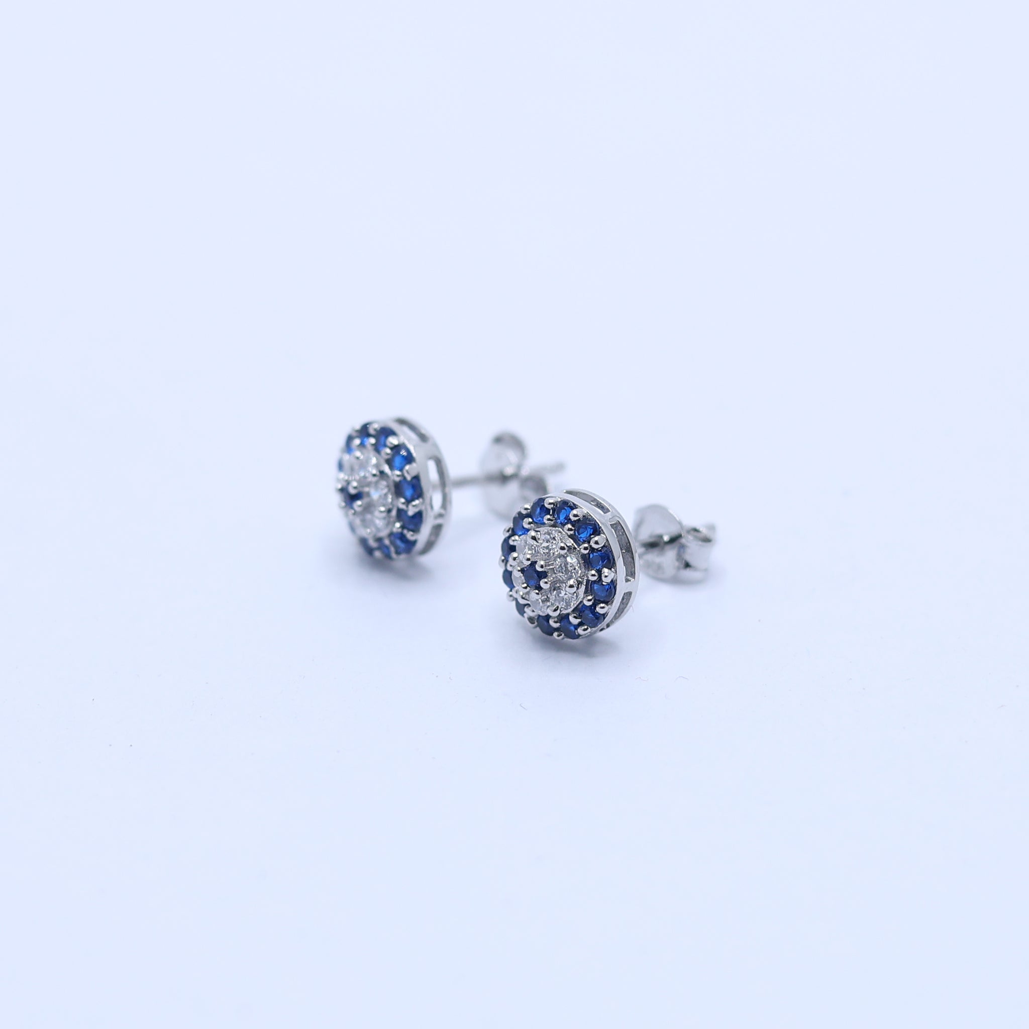 Silver Circular Blue Clear Round Petite Pave Evil Eye White Gold Earring For Woman