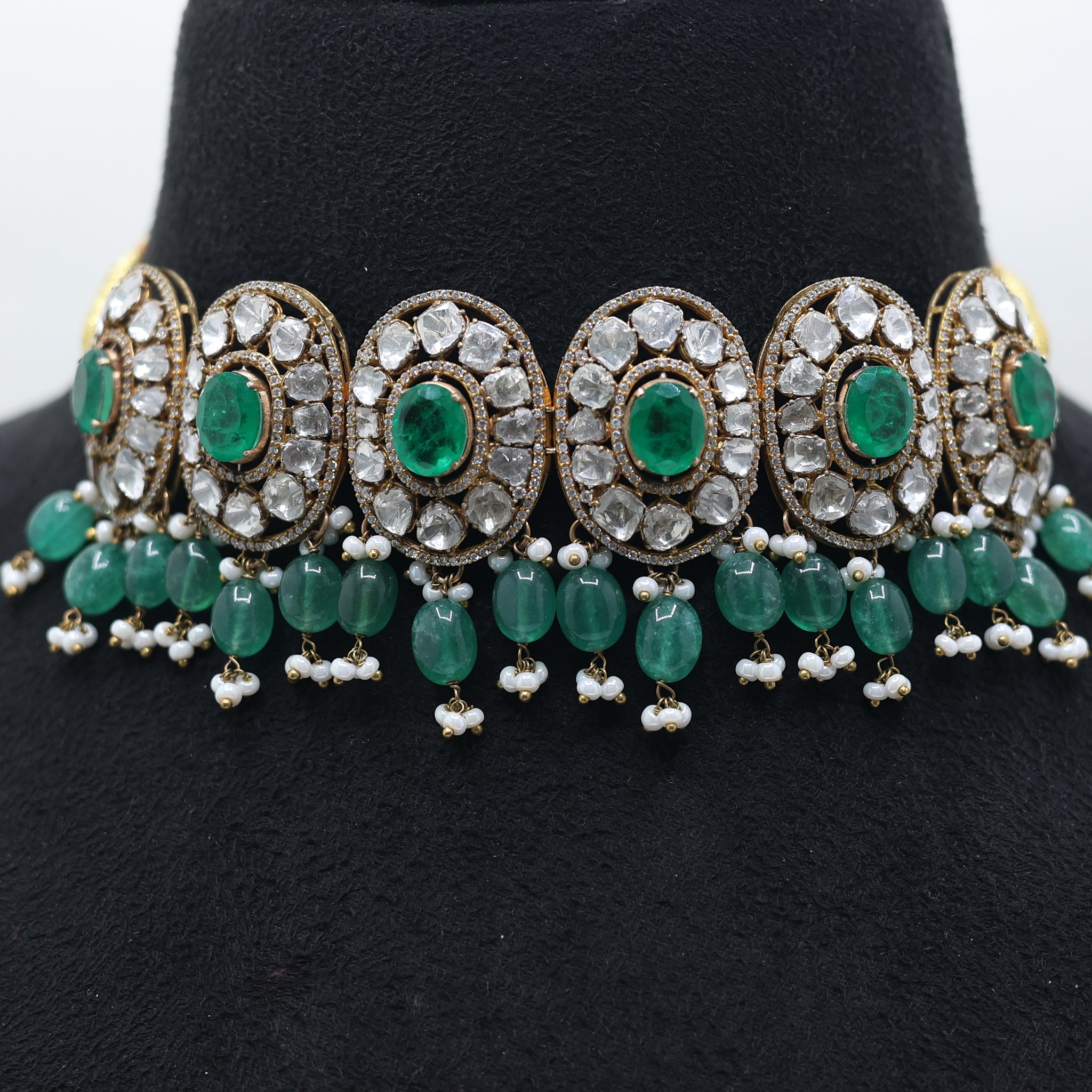 Yellow Gold Plated Green Stone Kundan Elegant Necklace For Women