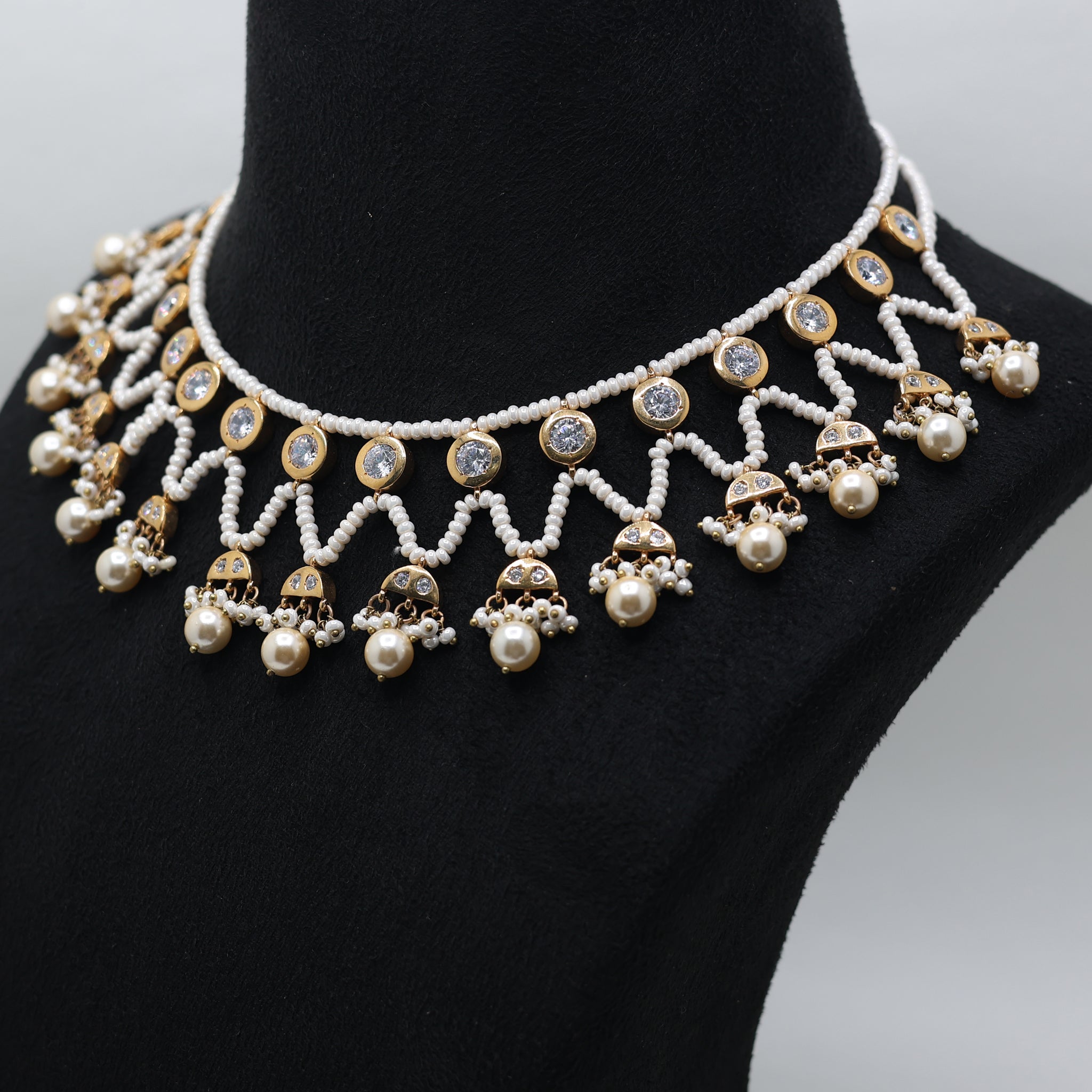 Elegant Faux Pearl Yellow Gold Traditional Chokar Necklace For Woman