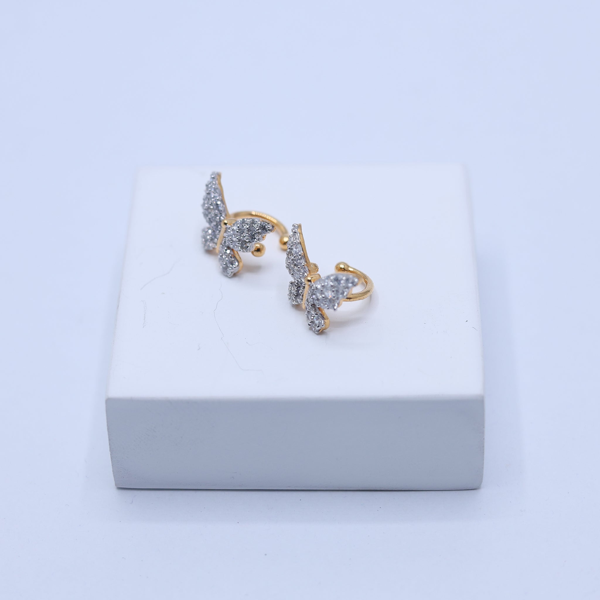 Silver Pearl Accent Crystal Butterfly Chain Yellow Gold Cuff Earrings For Woman