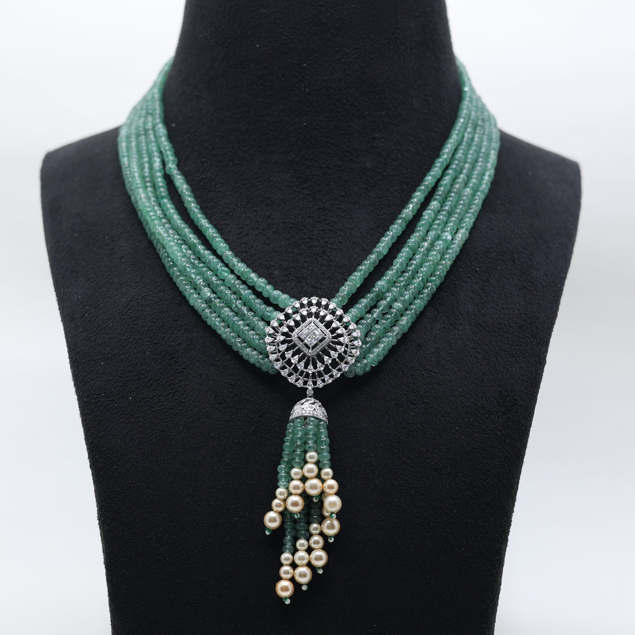 Antique Plated Multi-Layered Green Bead Pearl Necklace For Women