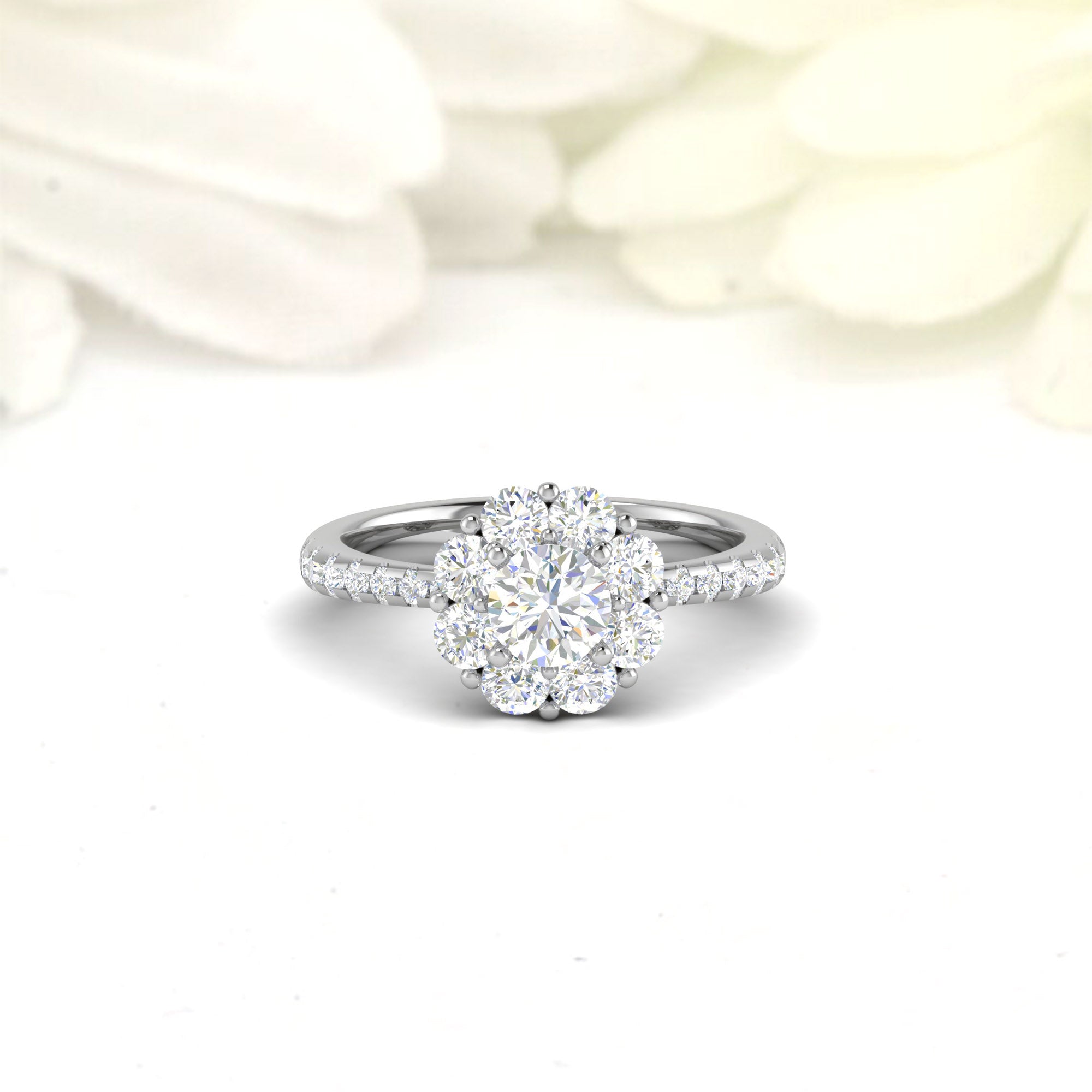 White Gold Adjustable Silver Diamond Flower Halo Pave Band Ring For Woman