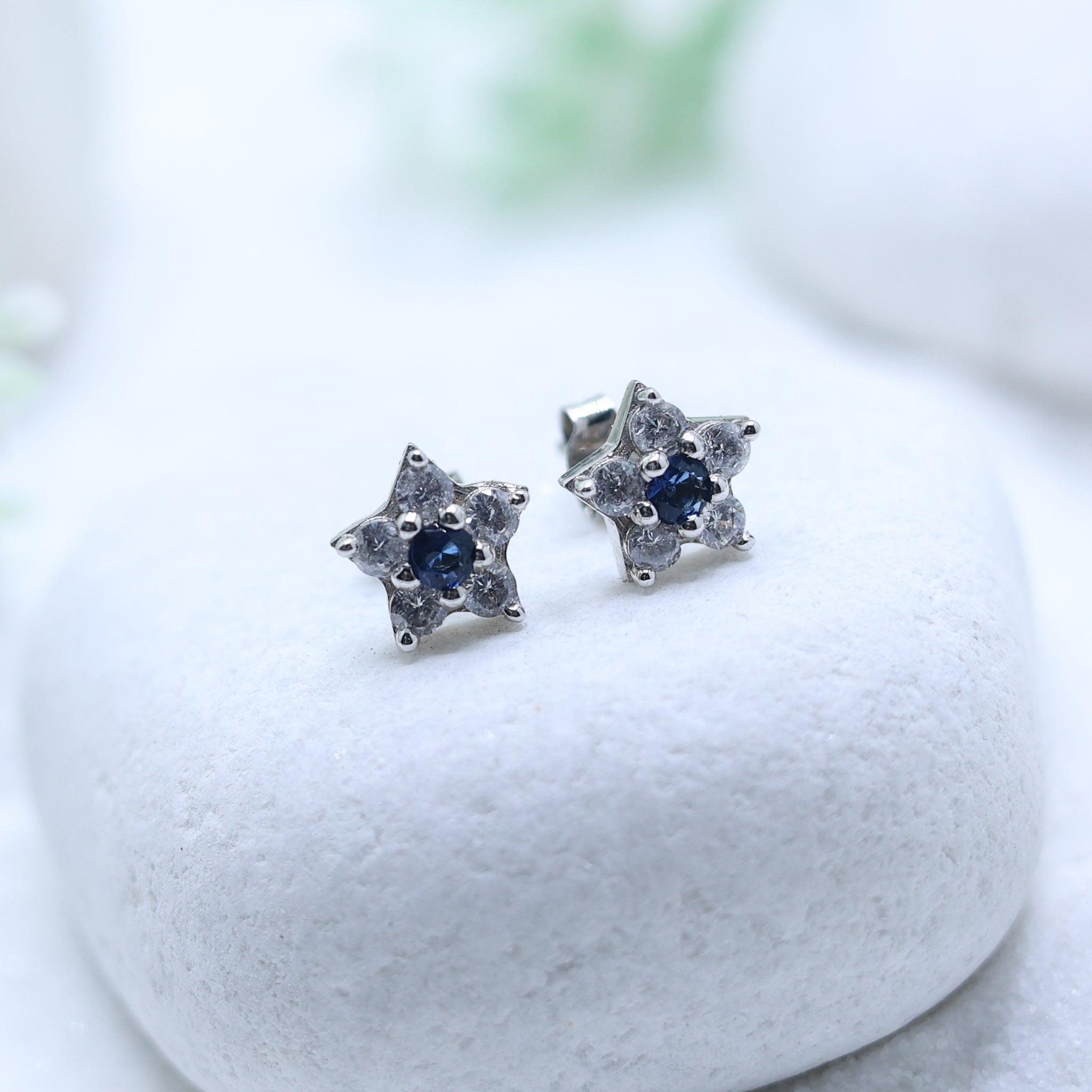 Silver Petite Star Blue Sapphire Stud White Gold Earring For Woman