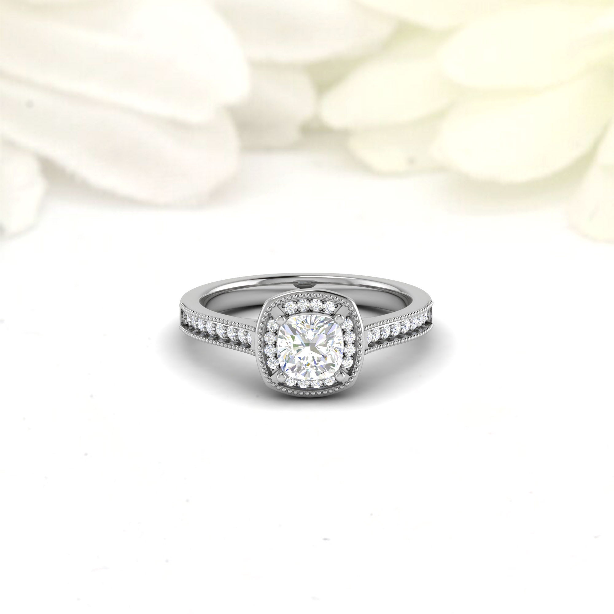 White Gold Adjustable Silver Cushion Halo Vintage Milgrain Luxury Bridal Ring For Woman