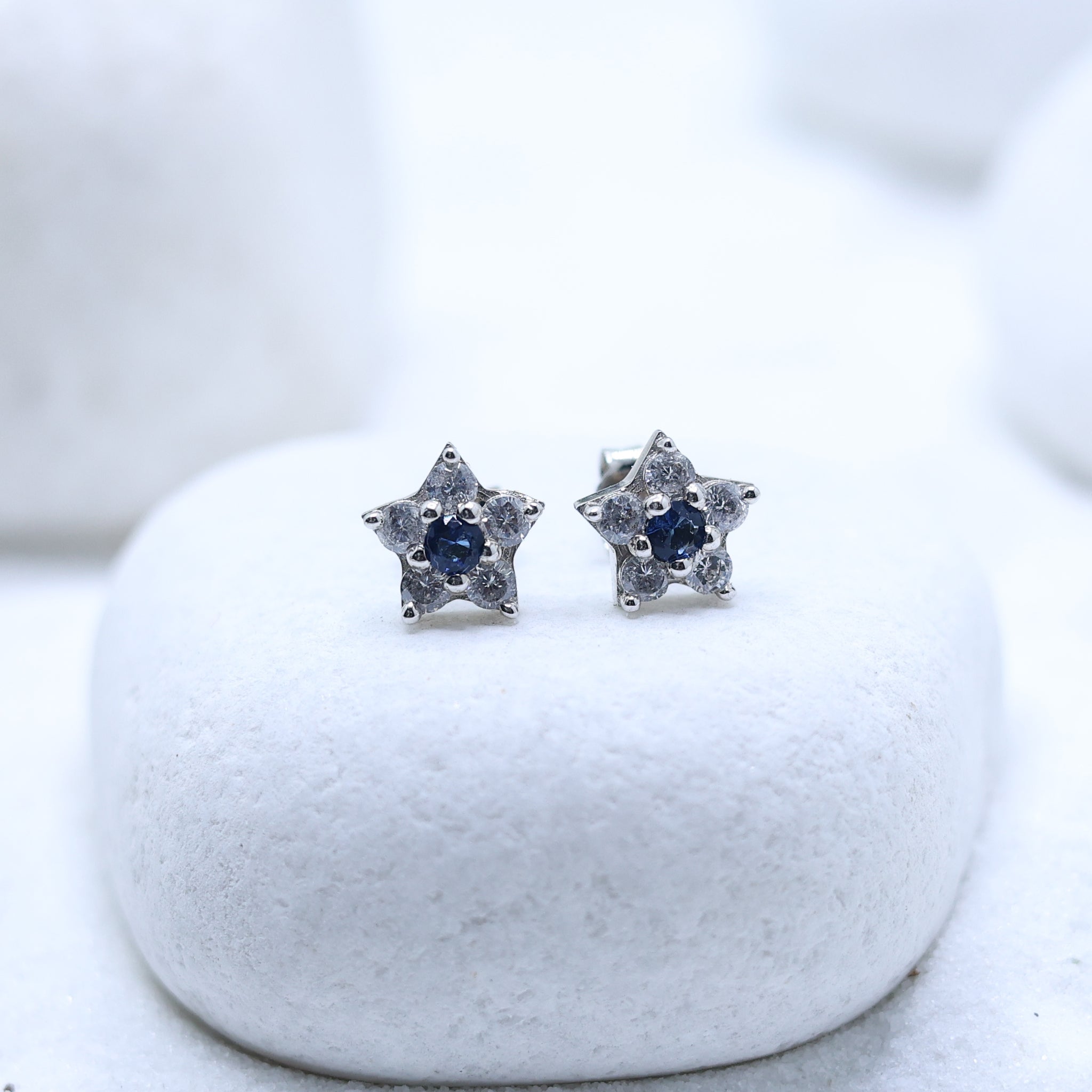 Silver Petite Star Blue Sapphire Stud White Gold Earring For Woman