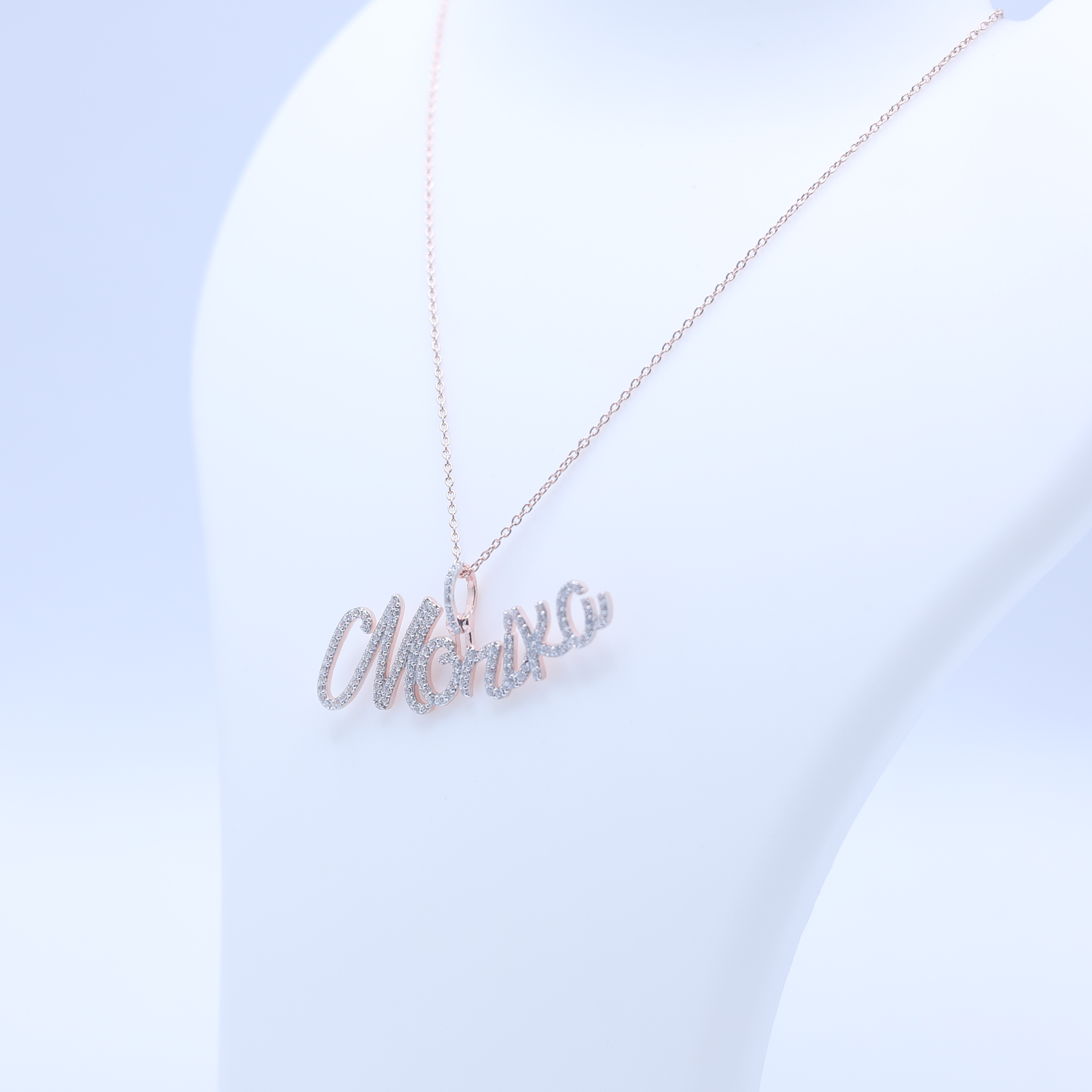 Yellow Gold Adjustable Silver White Stone Name Script Pendant For Woman