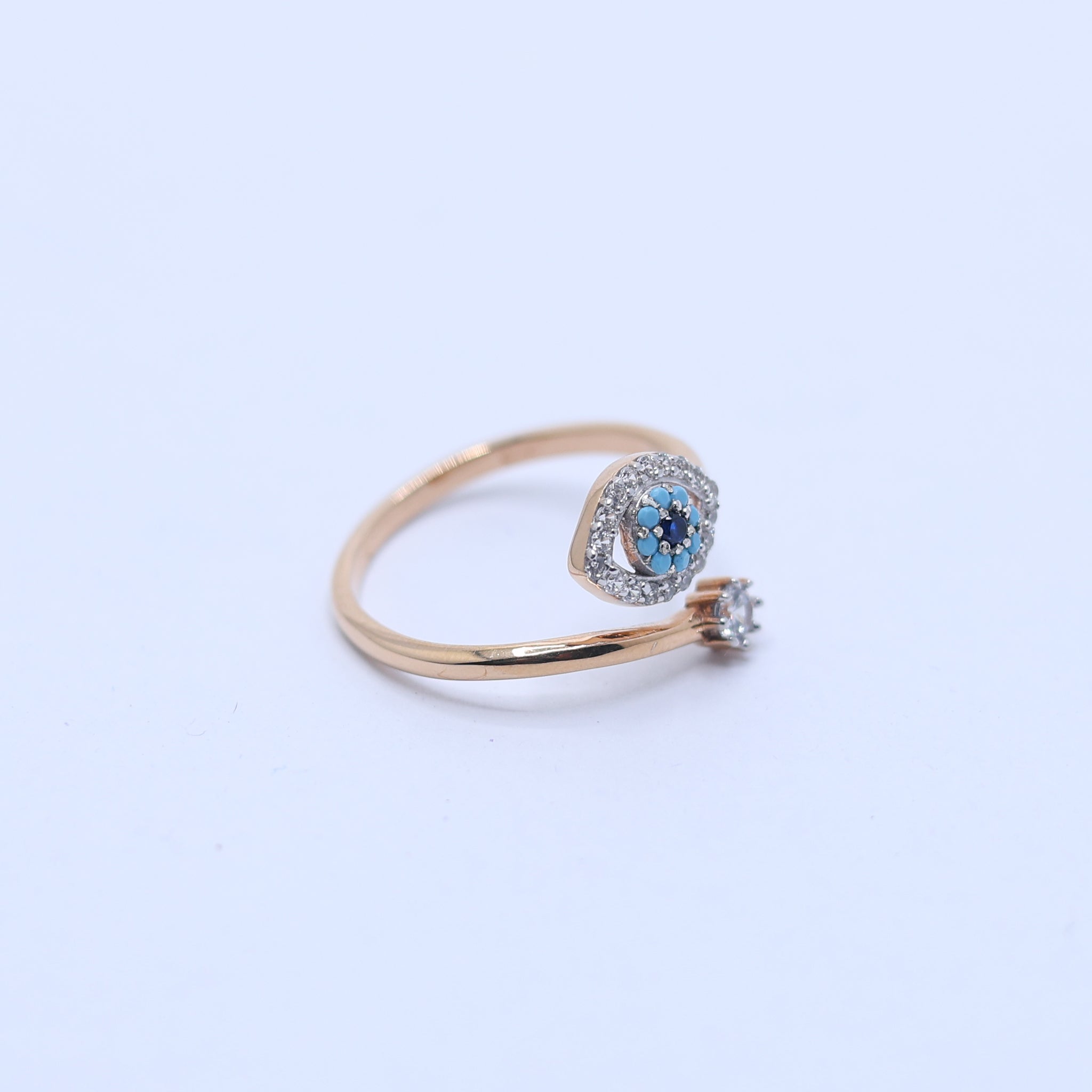 Silver Blue Sapphire Accent Open Style Evil Eye Yellow Gold Ring For Woman