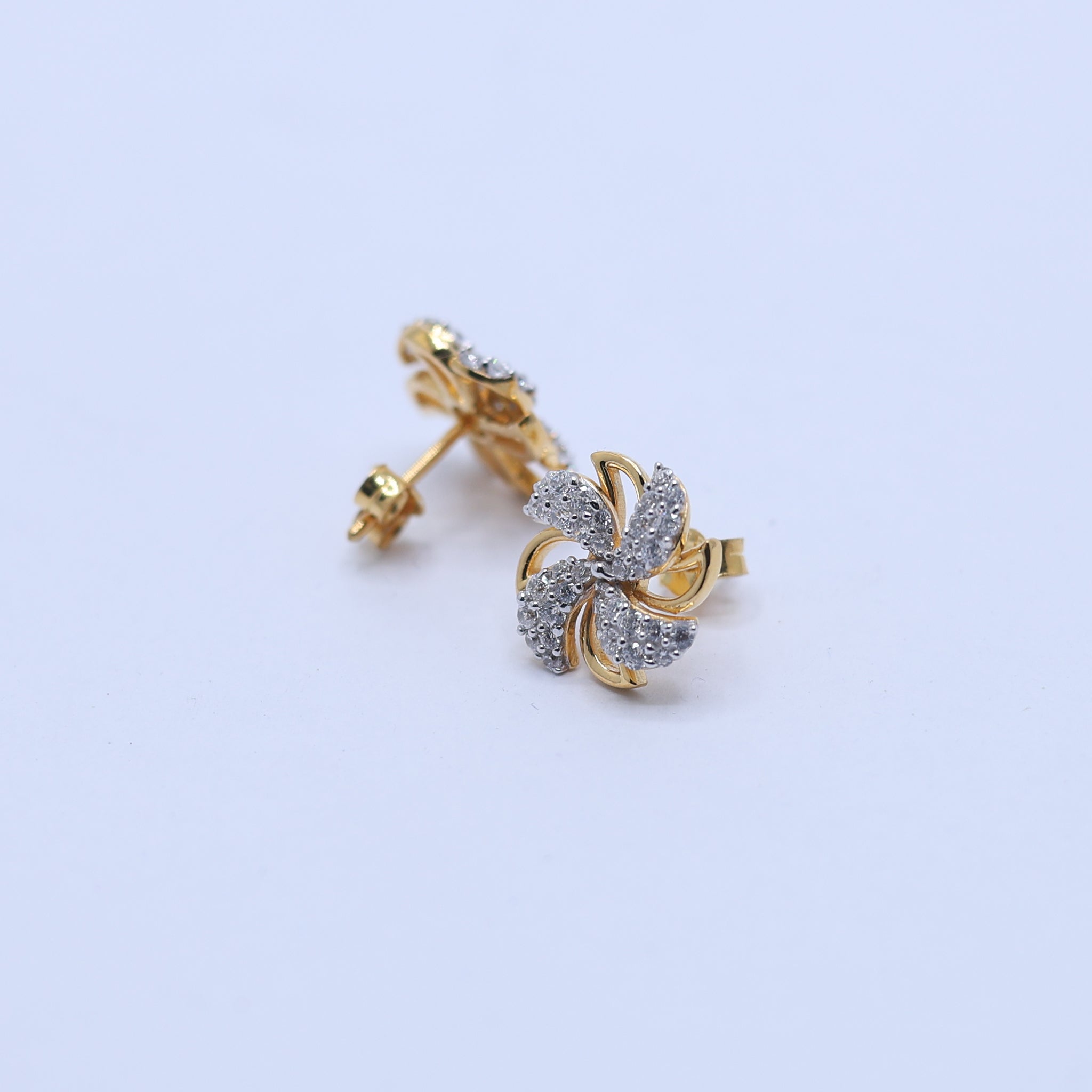 Silver Swirl Studded Pinwheel Floral Petite Stud Yellow Gold Earring For Woman