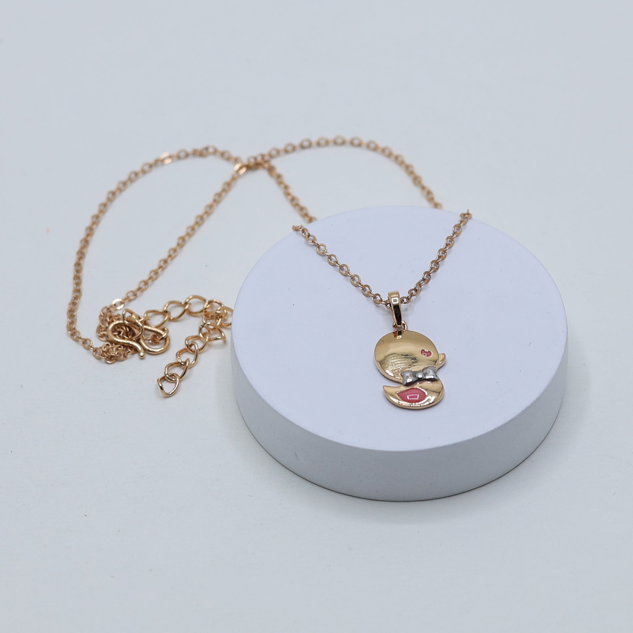 Adorable Pink Enamel Silver Yellow Gold Ducky-Shaped Pendant For Kids