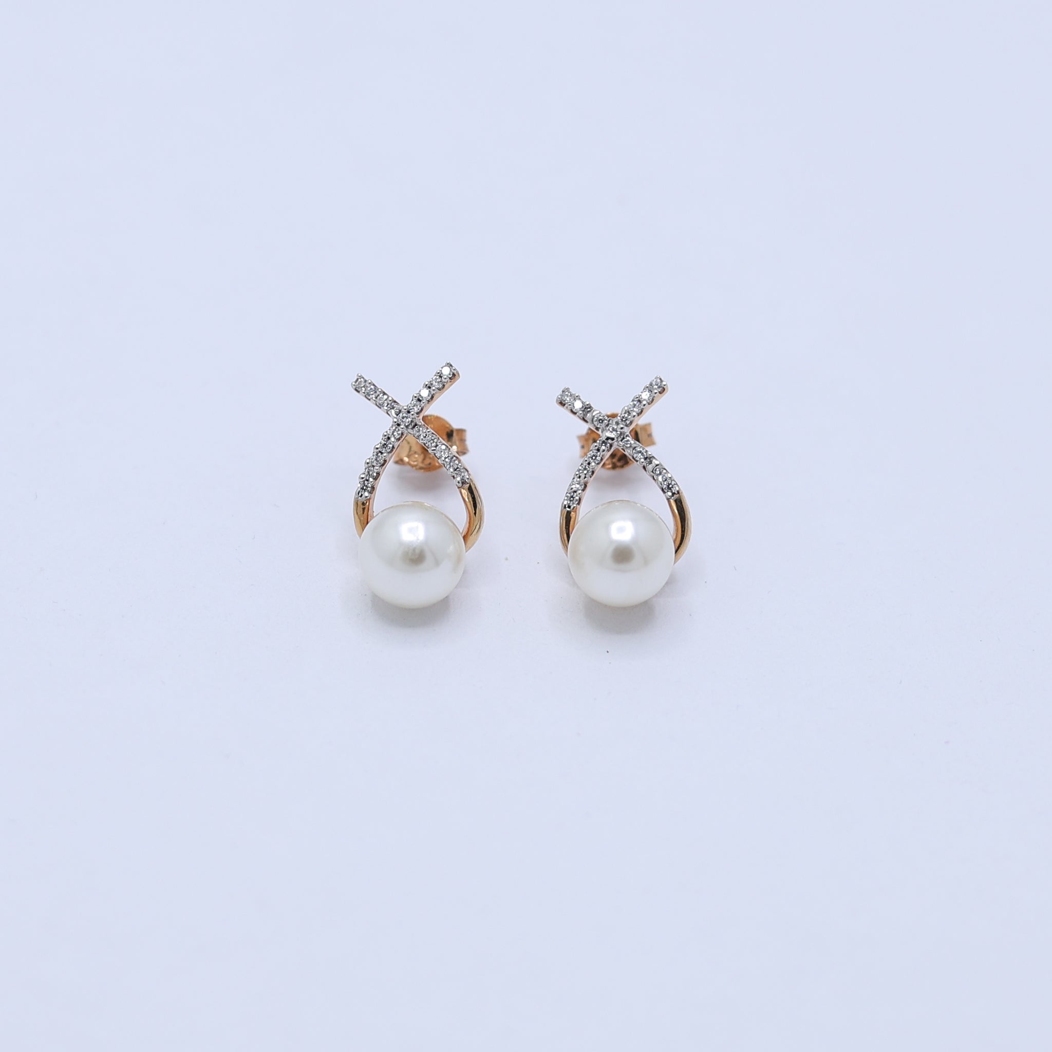 Silver Pearl Stud crossed Yellow Gold Earring For Woman