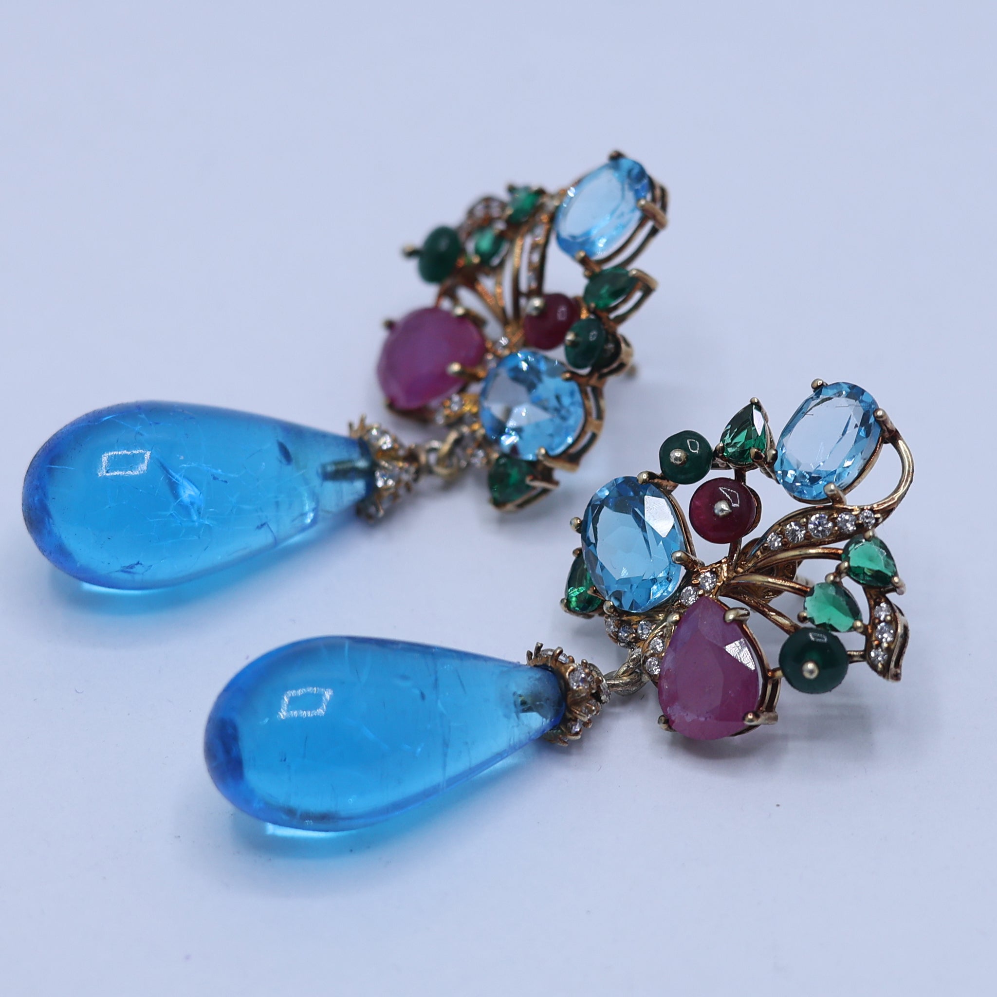 Yellow Gold Plated Floral Multicolor Stone Drop Earrings For Women