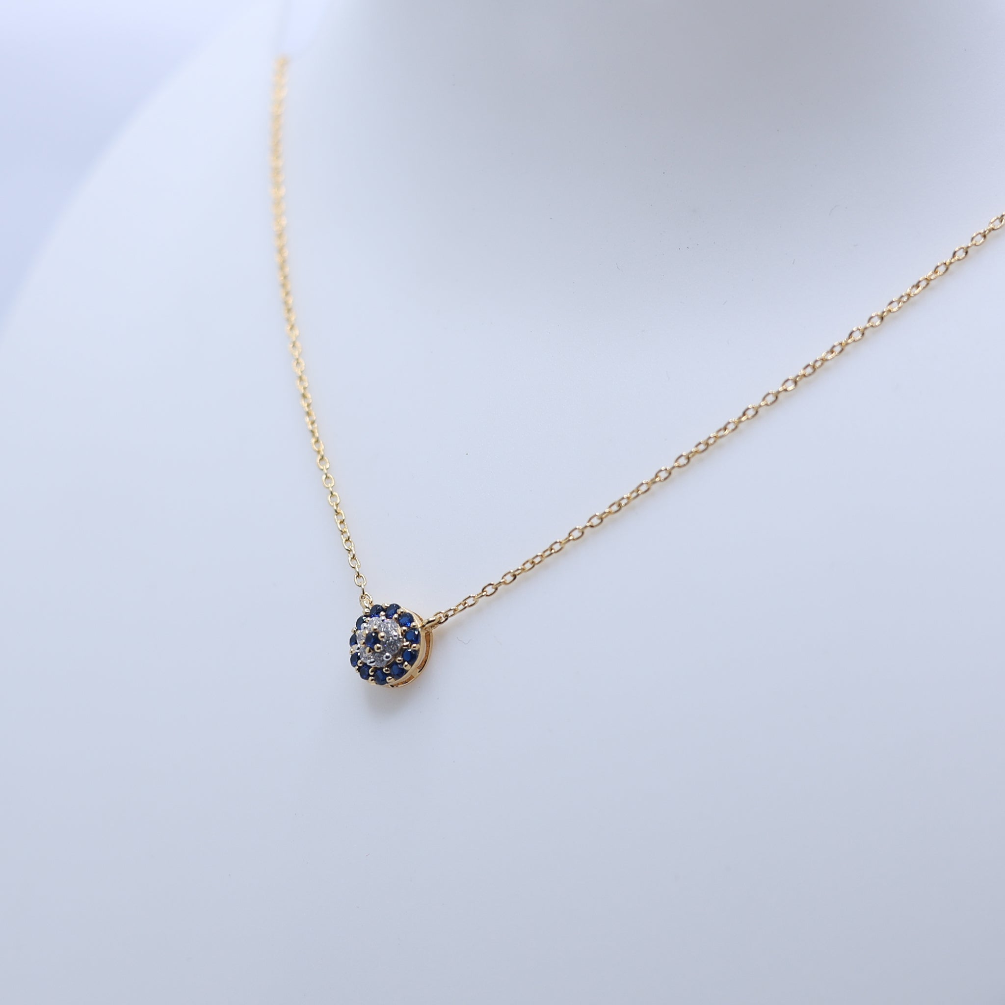 Circular Evil Eye Yellow Gold Silver Blue Sapphire Halo Pendant For Women