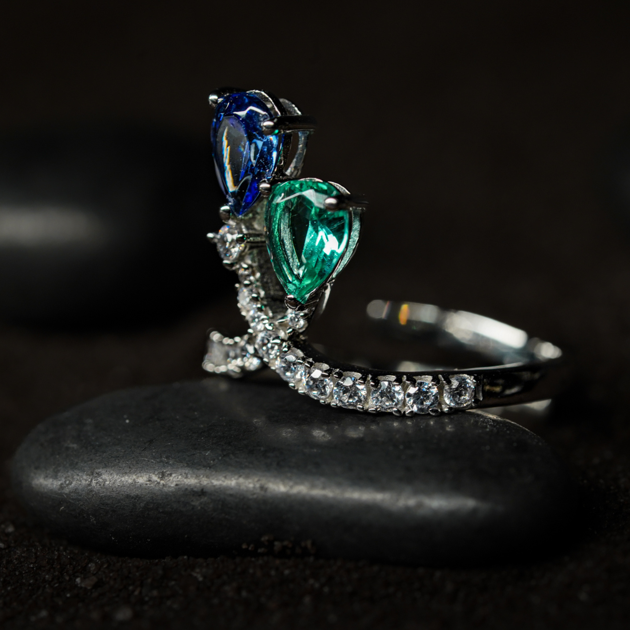 Pear cut blue green stone ring