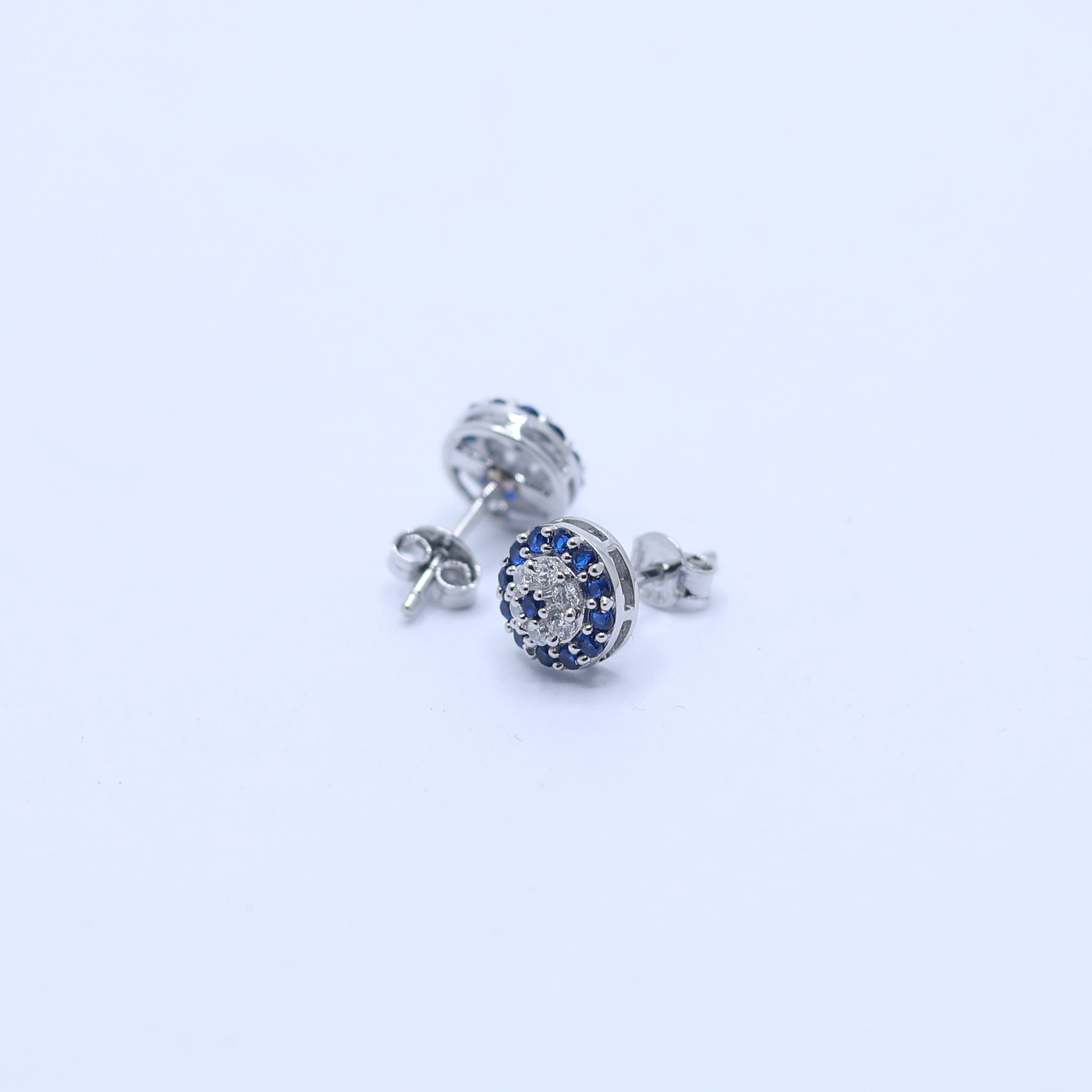 Silver Circular Blue Clear Round Petite Pave Evil Eye White Gold Earring For Woman