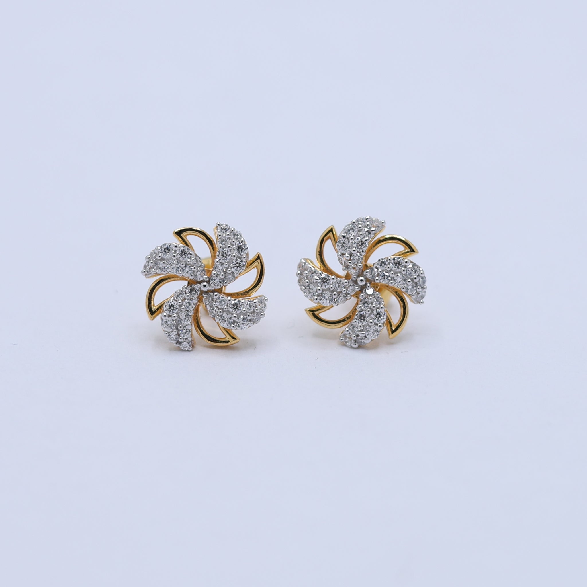 Silver Swirl Studded Pinwheel Floral Petite Stud Yellow Gold Earring For Woman